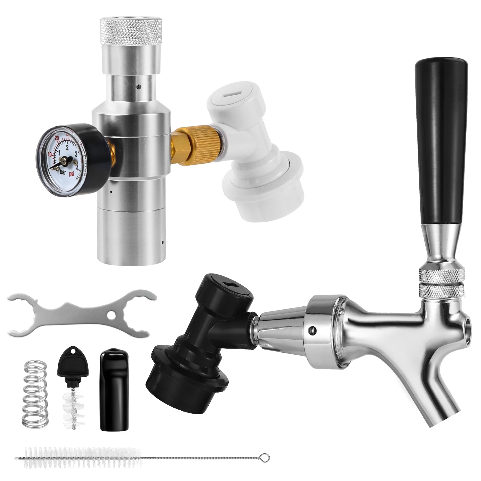 Upgrade Mini CO2 Regler & Kugelverriegelung Fass Tap Kit, 0-60 PSI Dual Hold Stabiler Mini Fass Regler, Edelstahlkern Selbstschließender Bierhahn mit Kugelverriegelung Trenner für Corny Fass