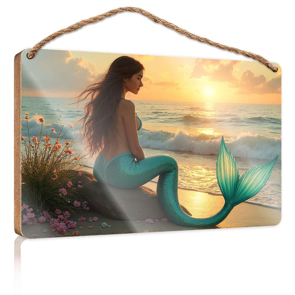 Fun Signs For Home Decor Mermaid Sitting On A Rock By The Ocean At Sunset. Farmhouse Signs Desk Accessories For Men(20X30CM)