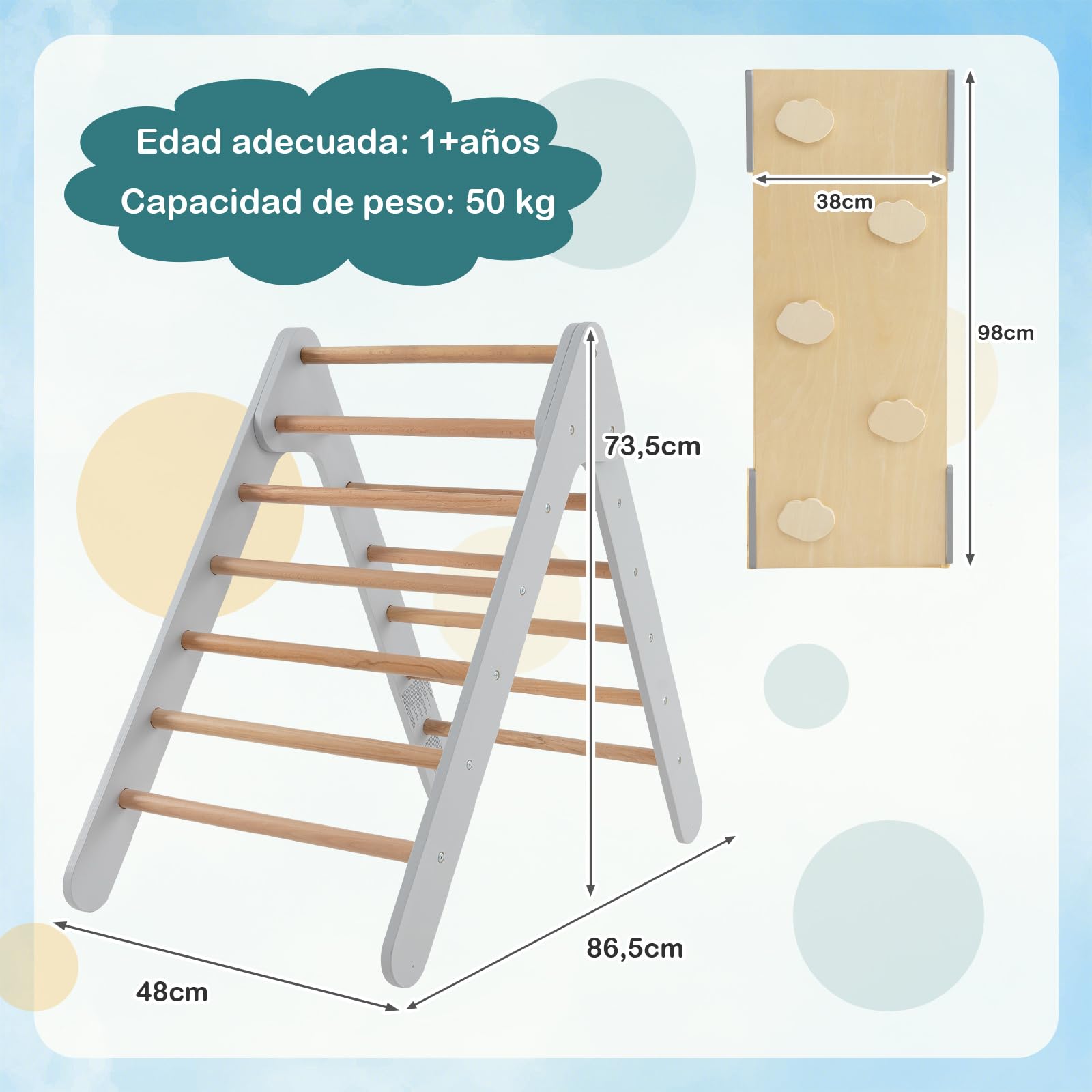 COSTWAY 3 en 1 Triángulo de Escalada con Rampa Ajustable para Escalar y Deslizarse, Escalador Triangular de Madera, Juguetes Triangulares de Escalada para Niños