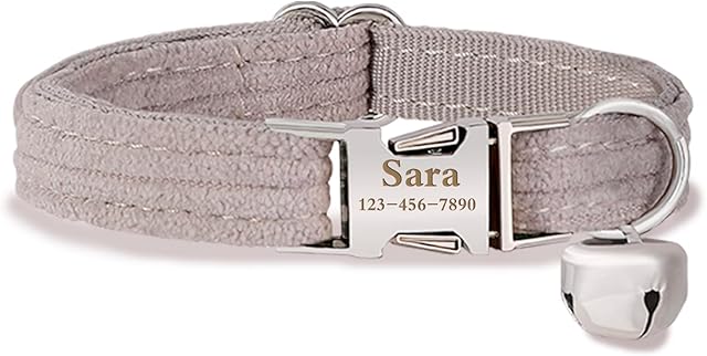 Personalized Cat Kitten Collars with Bow Bell,Customize Engraved Name and Number Soft Stripe Velvet Kitty Collars for Girls Boys Cats (Grey)