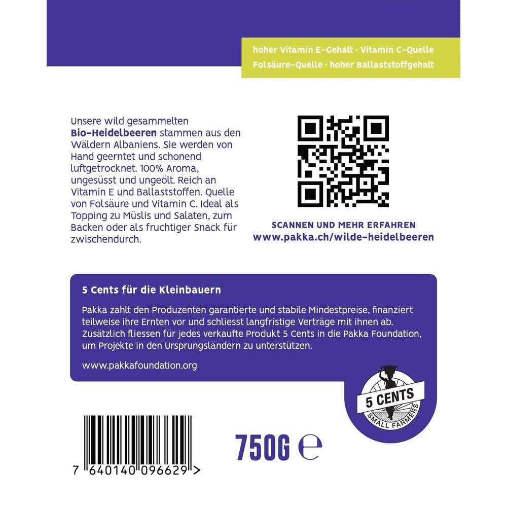 PAKKA - Bio getrocknete Heidelbeeren, Blaubeeren, Blueberries – ungesüßt, naturbelassen und unbehandelt, roh, weich und mürb, direkt von Kleinbauern vom Balkanbebirge, vegan, 750 g (1er Pack)