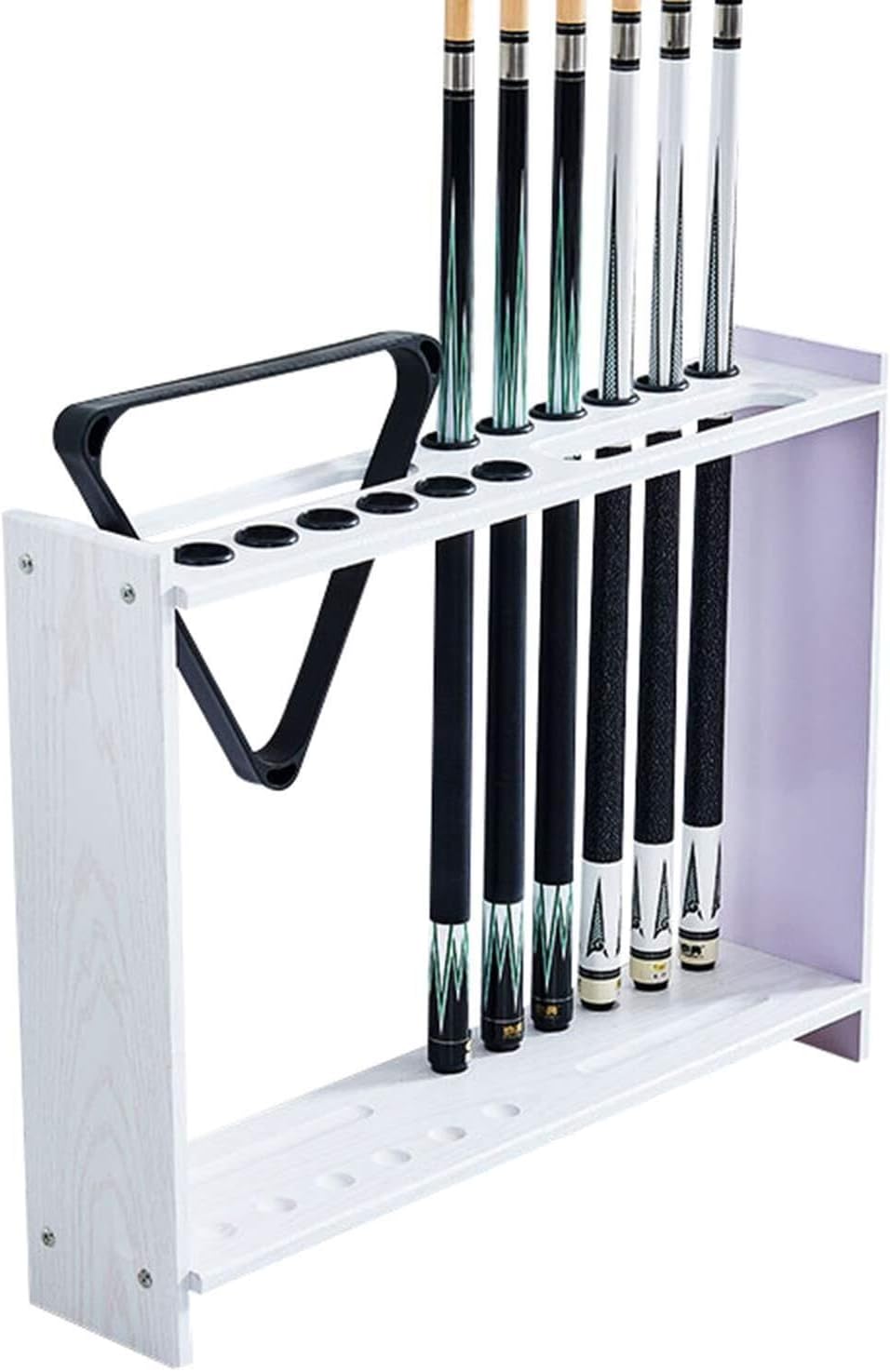 12-Hole Floorstanding Pool Rack Billiard Stick Holder Solid Wood Organizer for Game Rooms Bars Gyms White Wood Grain