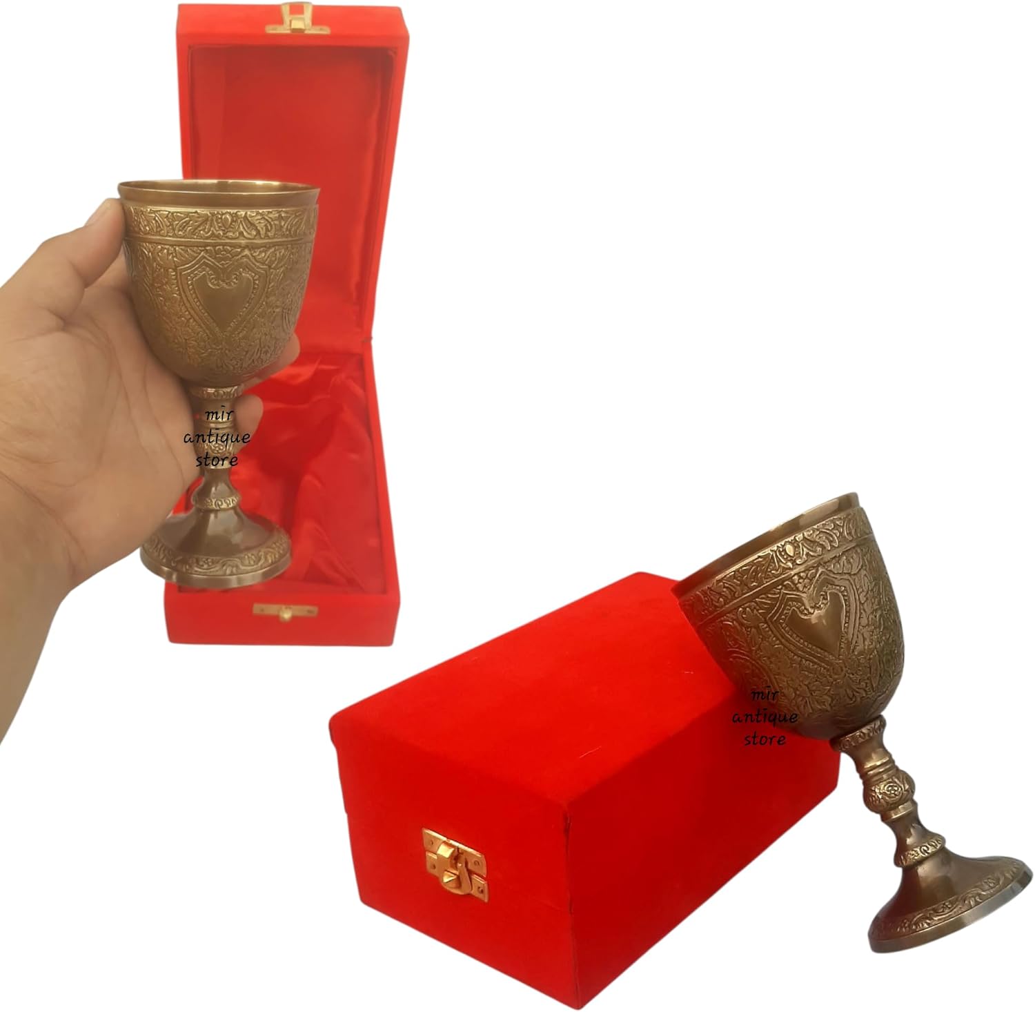 Handmade Engraved Brass Chalice Goblet Wine Glass – Antique Decorative Cup with Red Velvet Gift Box for Home Décor, Weddings & Parties