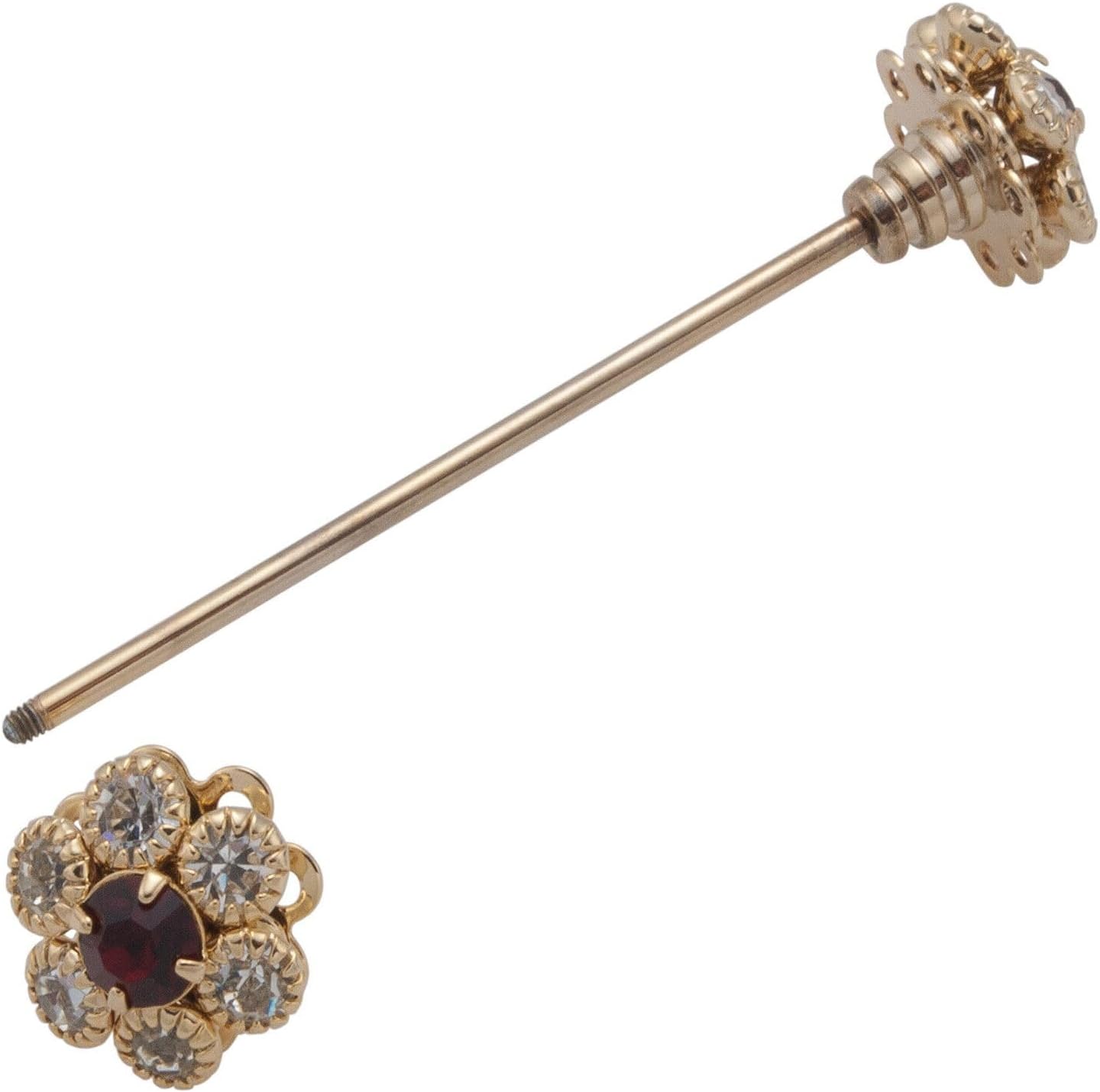 Mens Collar Bar Pin Gold Tone Clear Red Rhinestone Flower Ends 2 5/8" Fashion Details for Ties Trendy Accessories Stylish Additions Chic Details
