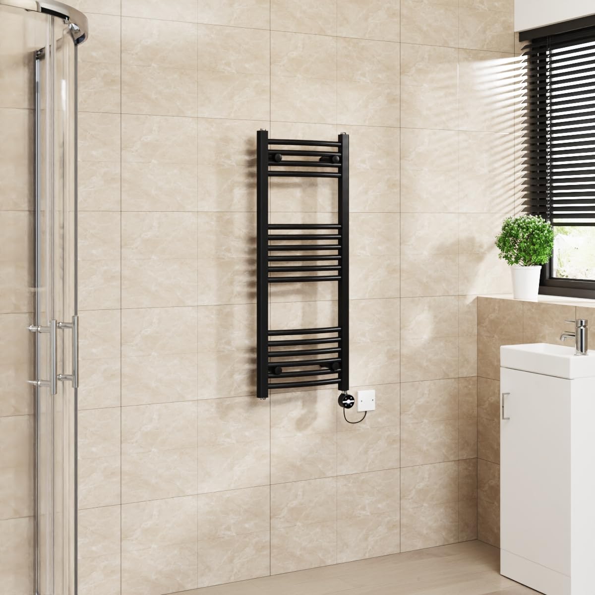Warmehaus Touch Screen Electric Towel Rail Curved Timer Black 1000x400mm — image 1