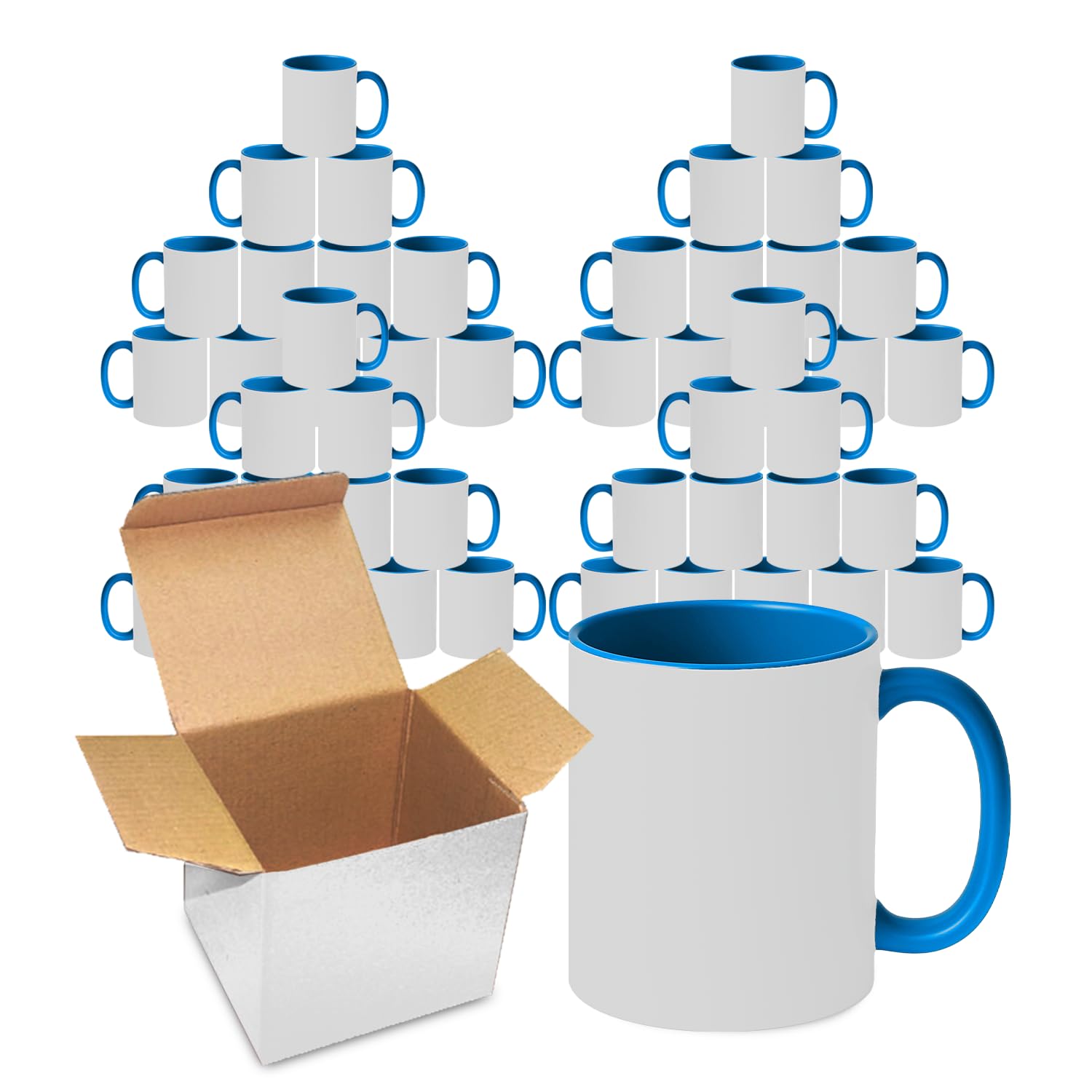 Sublimation Mugs 11oz Blank with Coloured Large Handle & Inner with Box | Durable, Ceramic Orca Finished Mugs Perfect for Custom & DIY Printing, for Loved Ones | Medium Blue Pack of 48