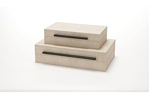 Sagala Set of 2 Decorative Boxes: Ivory Shagreen Jewelry/Storage/Photo/Memory Box with Black Metal Handles
