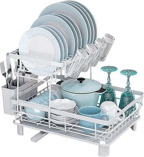 Escurridor de platos con juego de escurridor, escurridor grande de 2 niveles con drenaje para encimera de cocina, escurridor de platos grande con