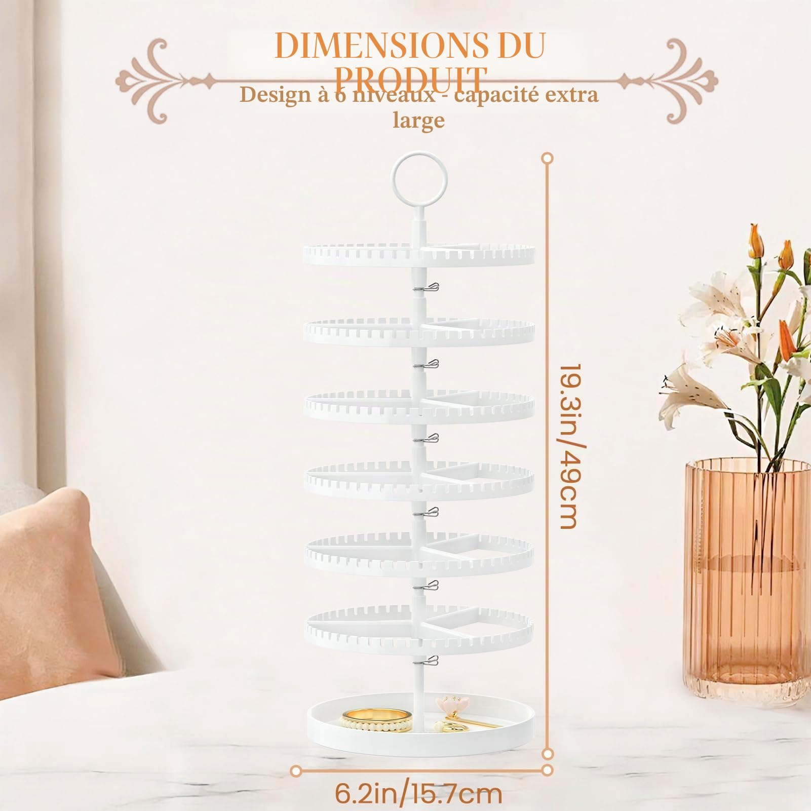 iDavosic.ly Présentoir à boucles d'oreilles à 6 étages avec plateau en métal - En plastique réglable - Avec 342 rainures - Pivotant - Arbre pour filles et femmes - Blanc