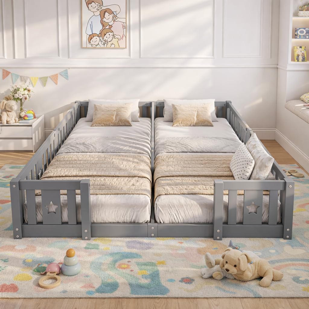 Letto Montessori Doppio 2x90x200 in Legno Massello, Letto Bambini con Sponde di Sicurezza, Letto a Terra per Cameretta, Letto Bambini Montessori, senza Rete a Doghe, Grigio