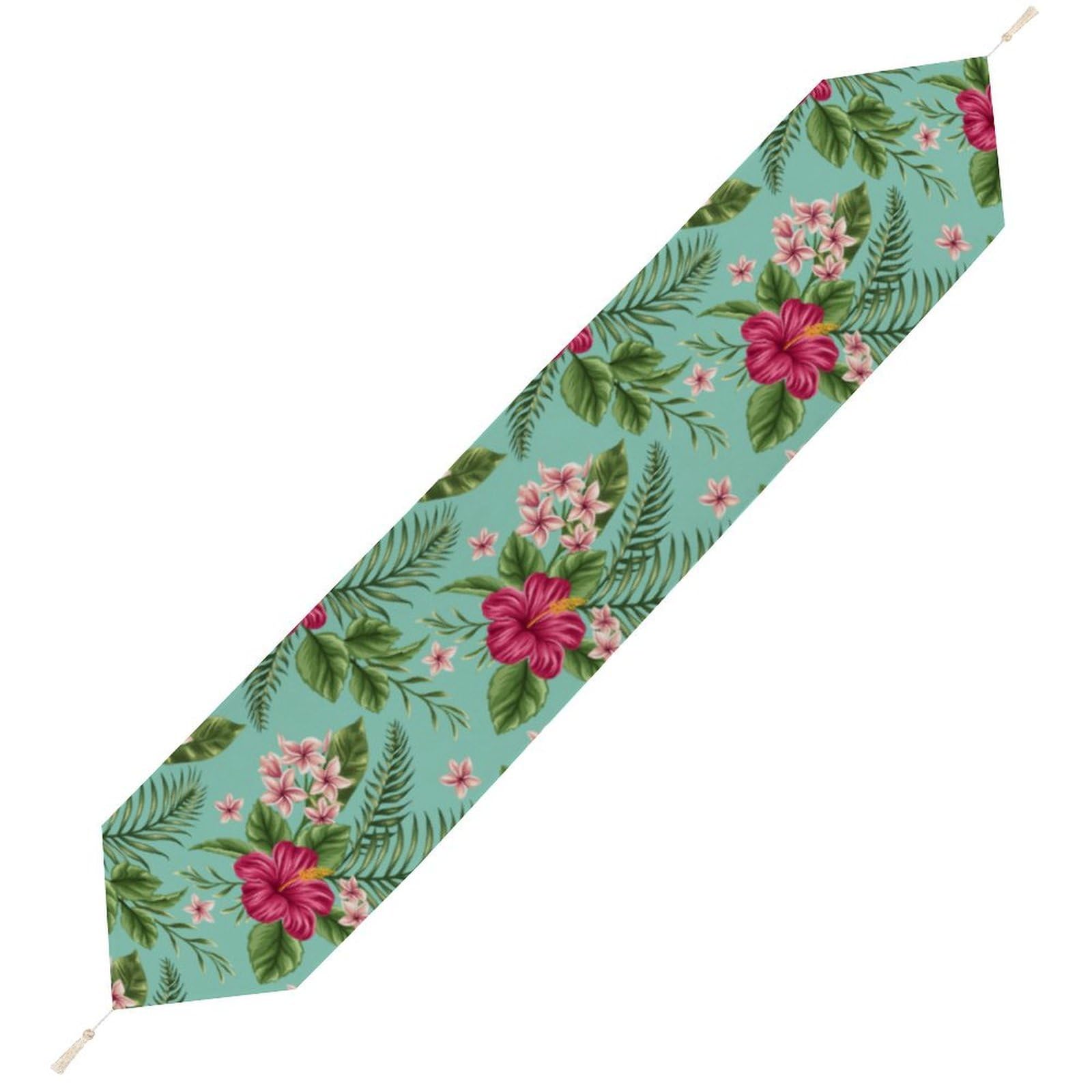 JZemdybill 178*33cm Table Runner with Tassel, Hawaiian Tropical Leaves Flowers Table Runner, Table Decoration for Kitchen, Party, Restaurant