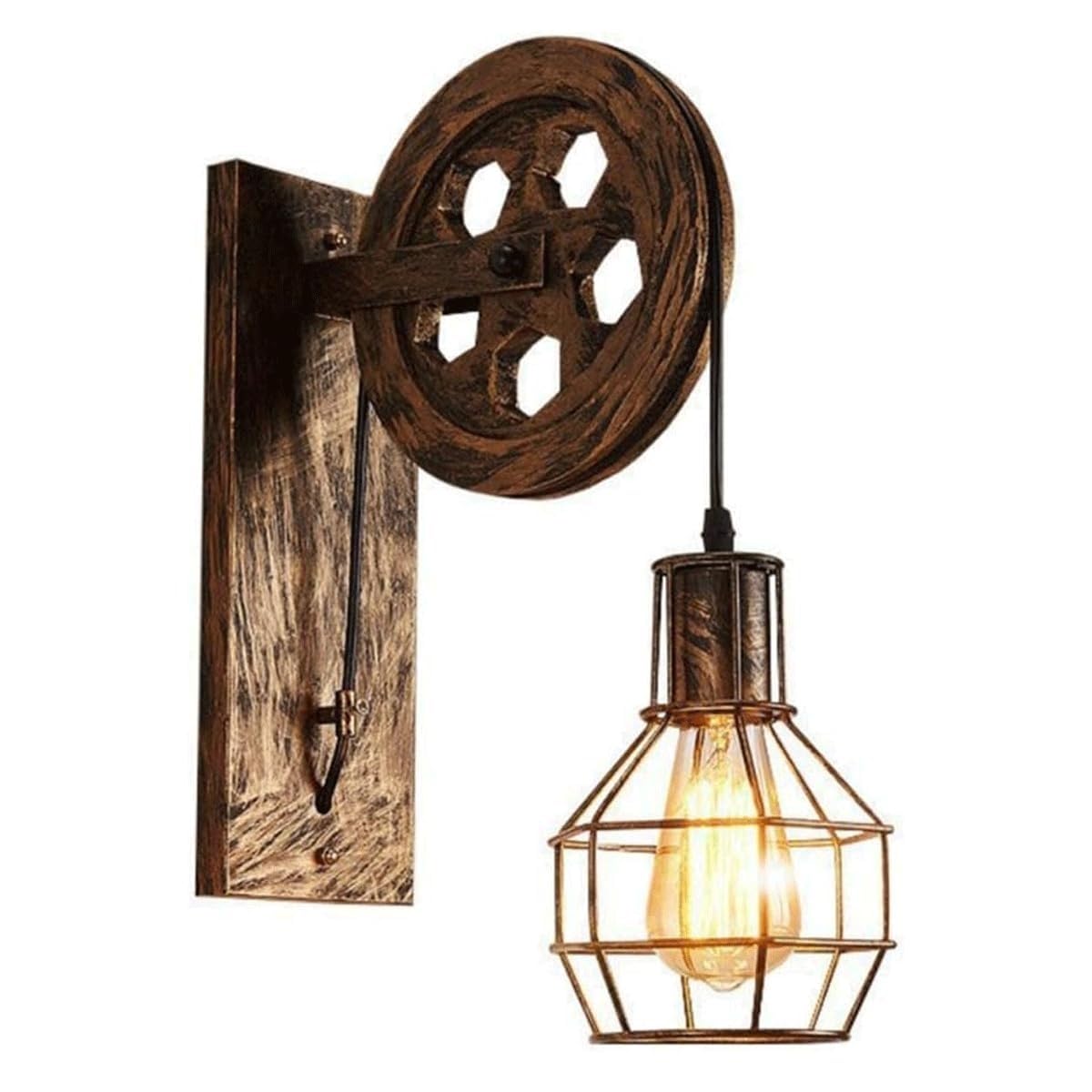 Vintage industrialna rustykalna lampa ścienna z kutego żelaza, styl koła pasowego, gniazdo E27, regulowane zawieszenie, brązowe wykończenie, idealna do wiejskiego domu, restauracji, A b