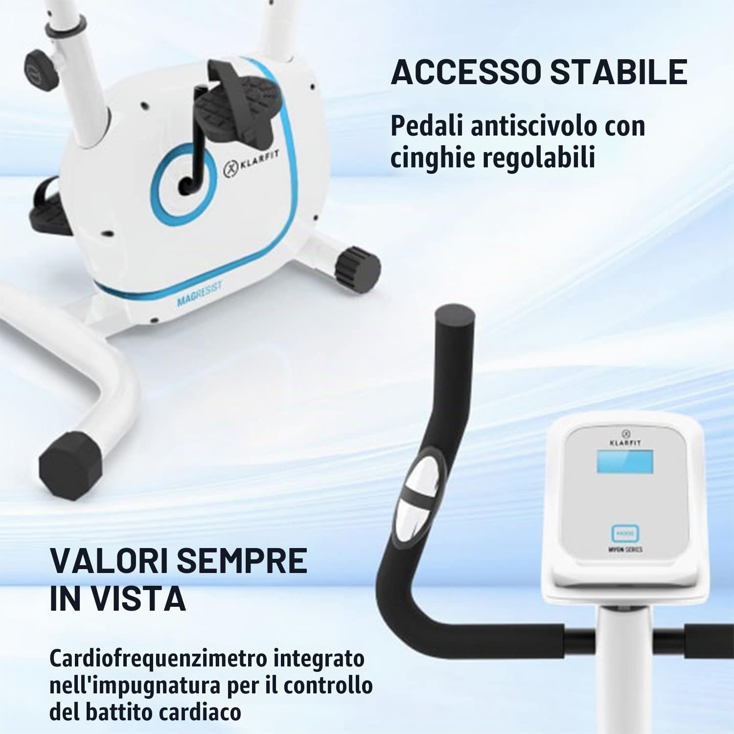 KLAR FIT Myon Cycle - Cyclette, Volano 12 kg, Cyclette da Camera con Trasmissione a Cinghia con SilentBelt, 8 Livelli, Cardiofrequenzimetro, Altezza Sella Regolabile, Supporto Tablet
