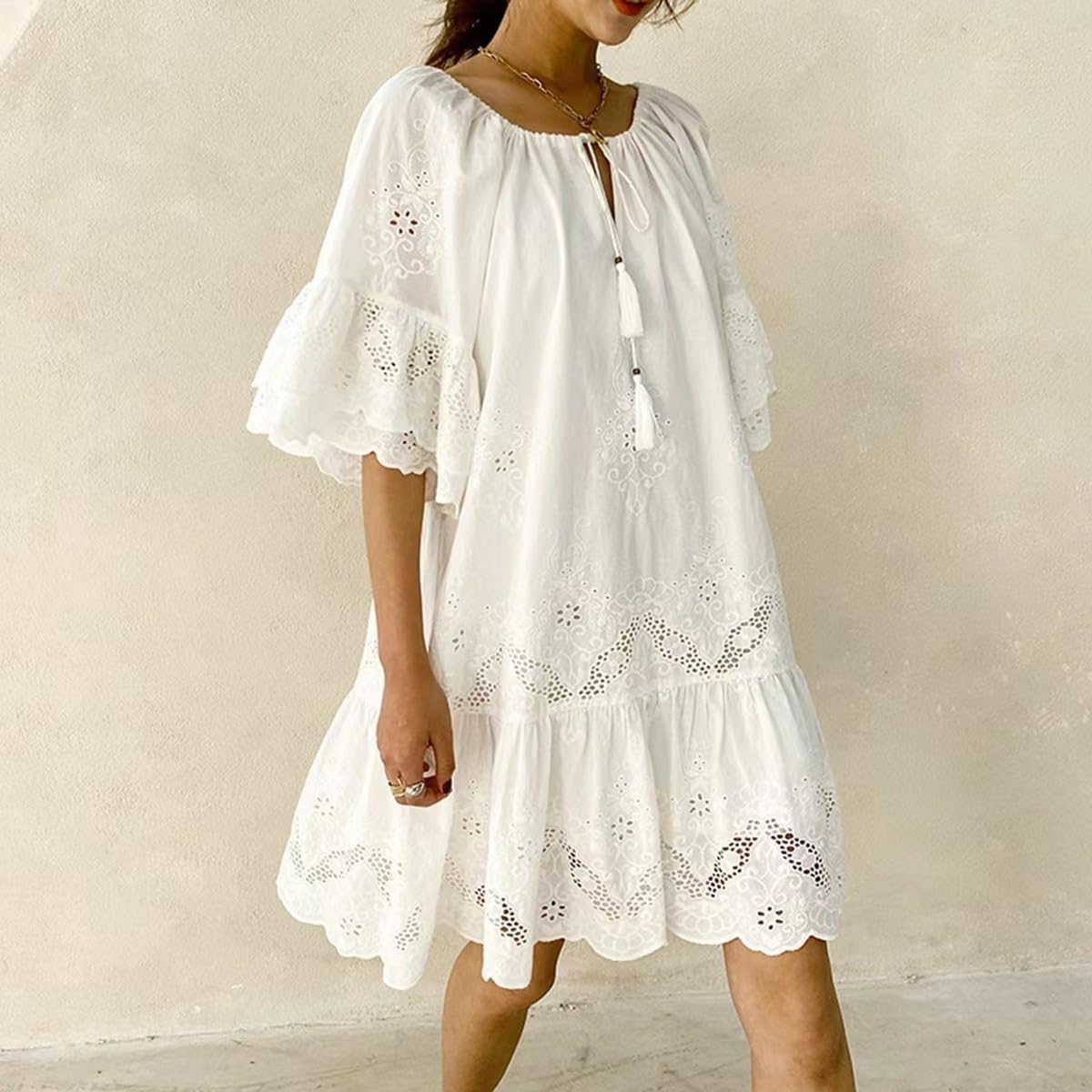 Women's Dresses,Summer Casual White Cotton Dresses Soft Beach Dresses Loose Lace Sundresses - Image 4
