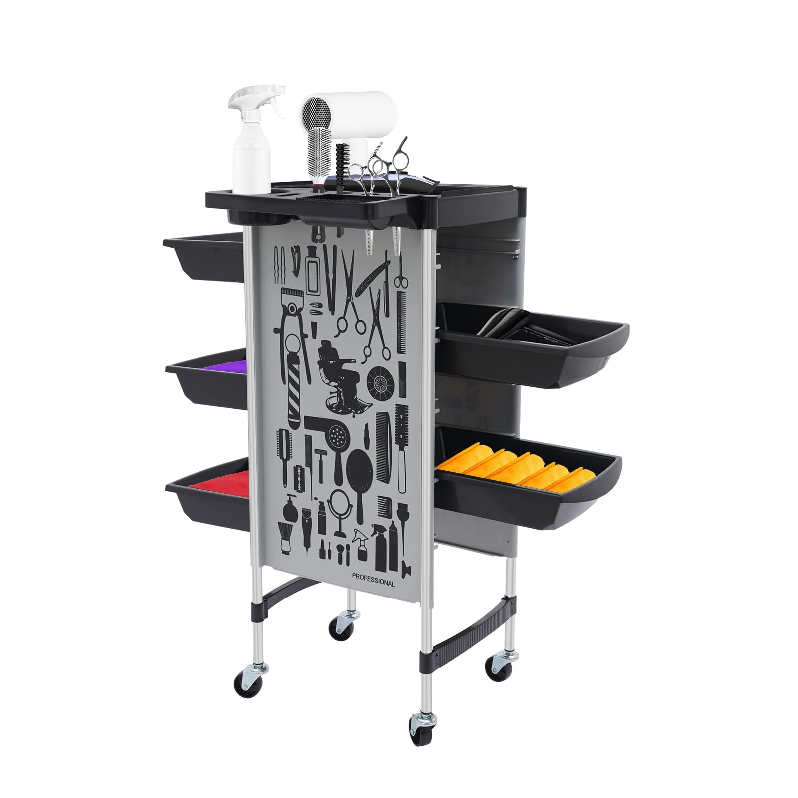 Carrito de peluquería, carrito de peluquería, carrito de peluquería con 5 cajones y ruedas, carrito de peluquería para estilistas, carros de trabajo para salones de uñas, peluquería, spa (negro)