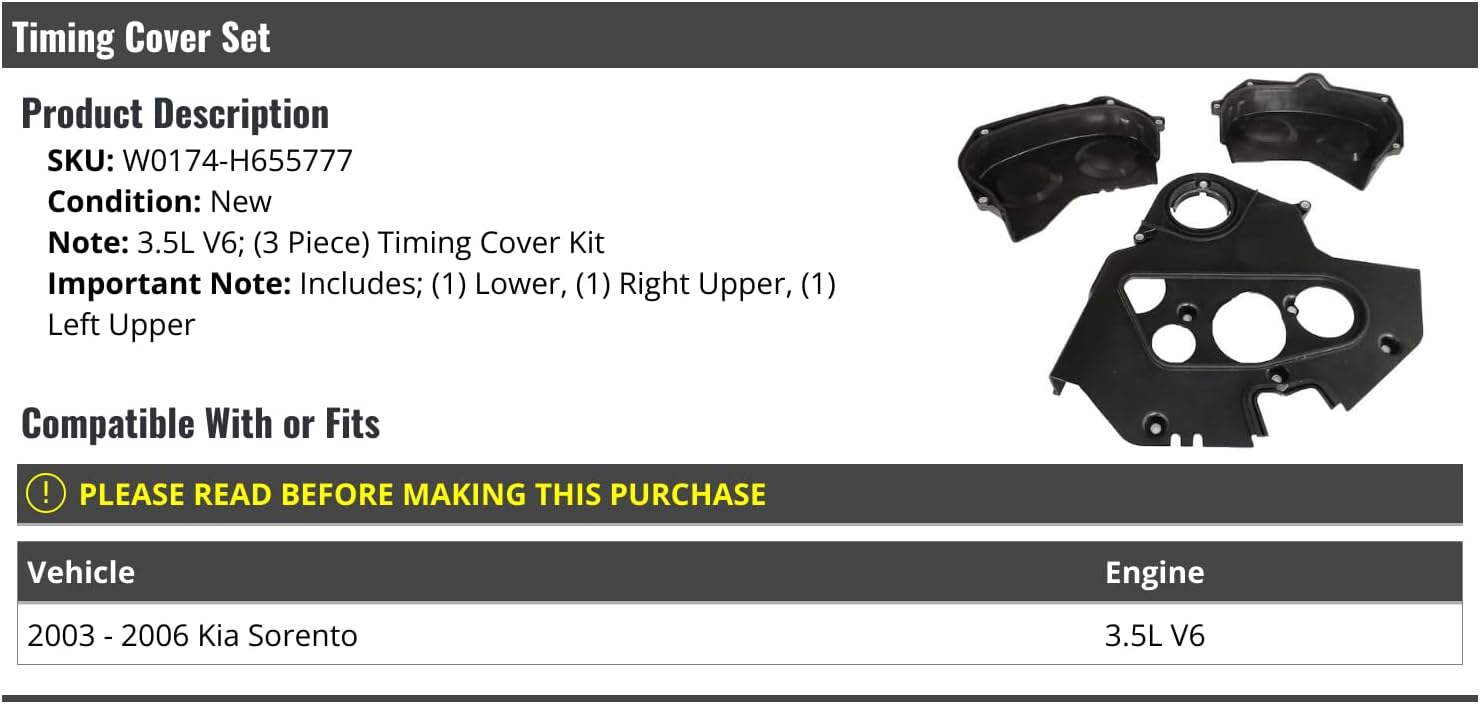Marketplace Auto Parts Timing Cover Set - 3 Piece - Compatible with 2003-2006 Kia Sorento 3.5L V6