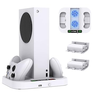 Charging Stand with Cooling Fan for Xbox Series S, Auarte Xbox Series S Accessories Charging Station Dock with 2 x 1400mAh Rechargeable Battery Packs, 3 Levels Fans Speed