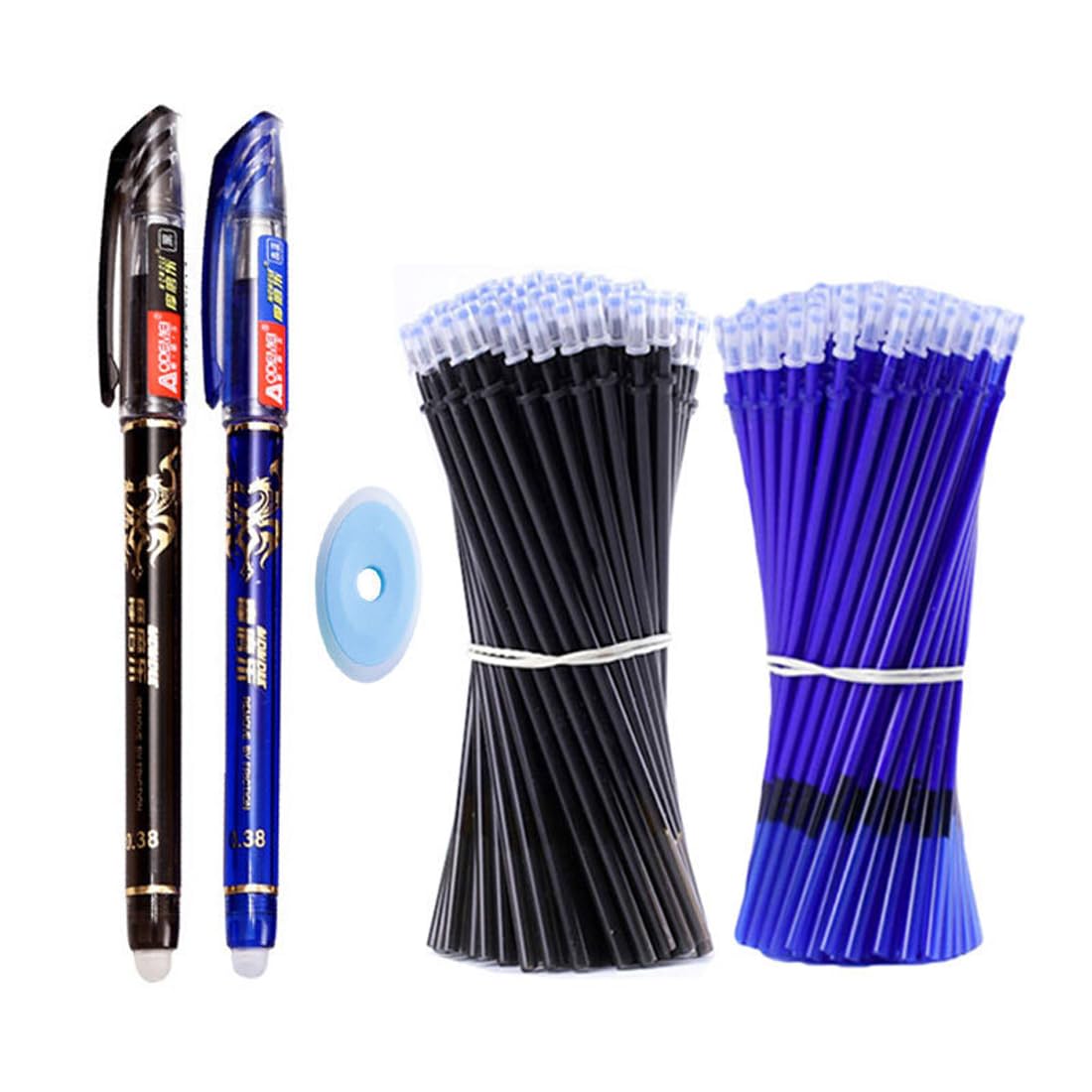 2 en 1 Bolígrafos Borrables de 0,5 mm, Bond con 20 Recambios y 1 Goma de Borrar para Niños y Adultos (Negro, Azul)