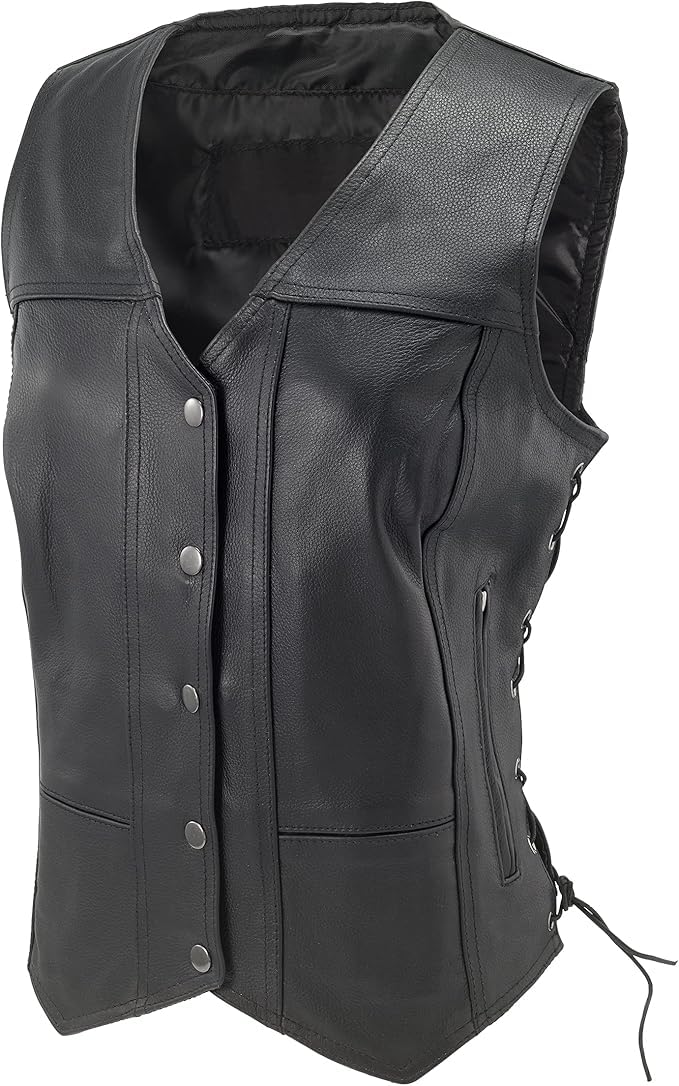 EXCELSIOR INT Women's Concealed Carry Sleeveless Solid Soft Leather Vest With Side Laces Motorcycle Biker Jacket For Women(Black, XL)