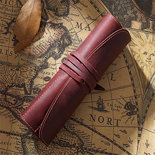Image of Vintage Genuine Leather Pencil Roll - Pencil Storage Case /Pouch Organizer Handmade (Red)