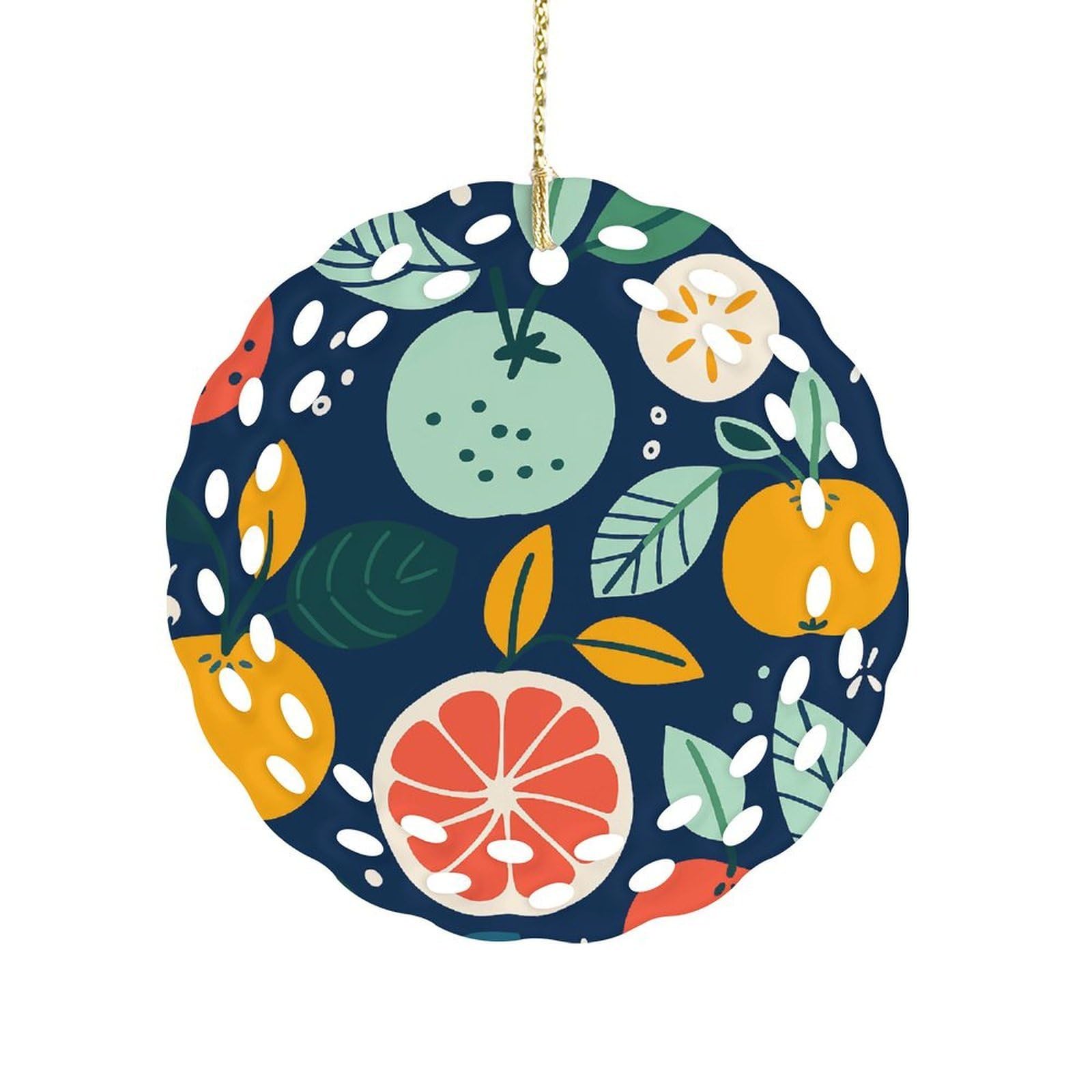 Btcowzrv Style Hand Drawn Fruits Ceramic Ornament,Round Ornaments With Hole Easy To Hang,Hanging Ornament For Wedding Party Home Window Garden Christmas Day Decor