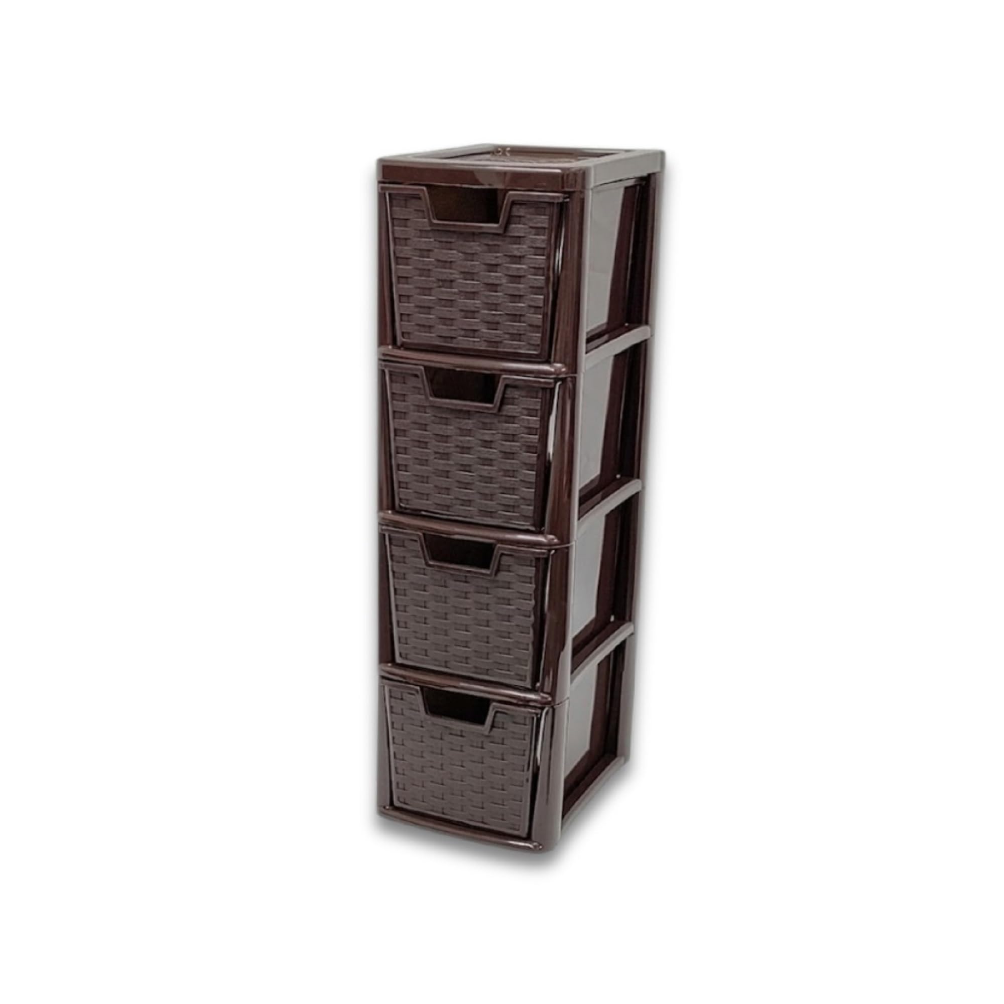 Kaanco Medium Plastic Storage Drawers A5 Storage Drawers Unit Space Saving Plastic Drawers for Bedroom Kitchen Laundry Organisation Plastic Storage Drawers Organizer (4 Tier Rattan Chocolate Brown)