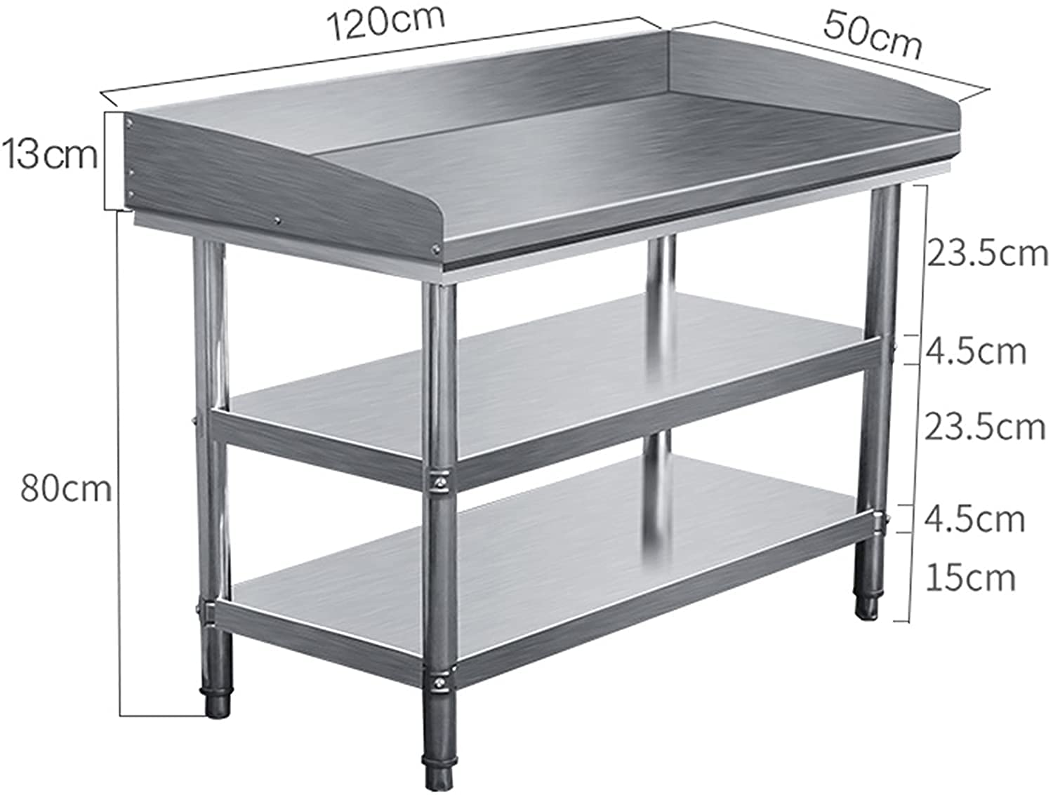 Bancho de trabajo de acero inoxidable, Operación del restaurante Cocina Preparación de alimentos, Rack de almacenamiento de herramientas de garaje de servicio pesado,Three floors,120*50*80CM