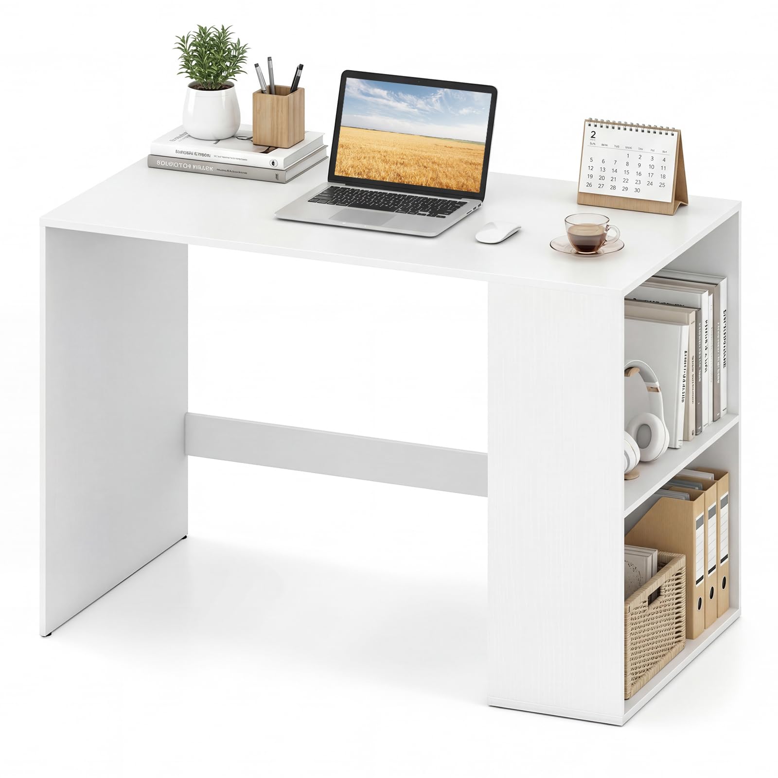 COSTWAY Scrivania Ufficio con Libreria Laterale a 2 Ripiani e Ampio Piano, 112 x 60 cm Scrivania Gaming in Legno, Scrittoio per Computer Salvaspazio per Studio, Soggiorno e Ufficio (Bianco)