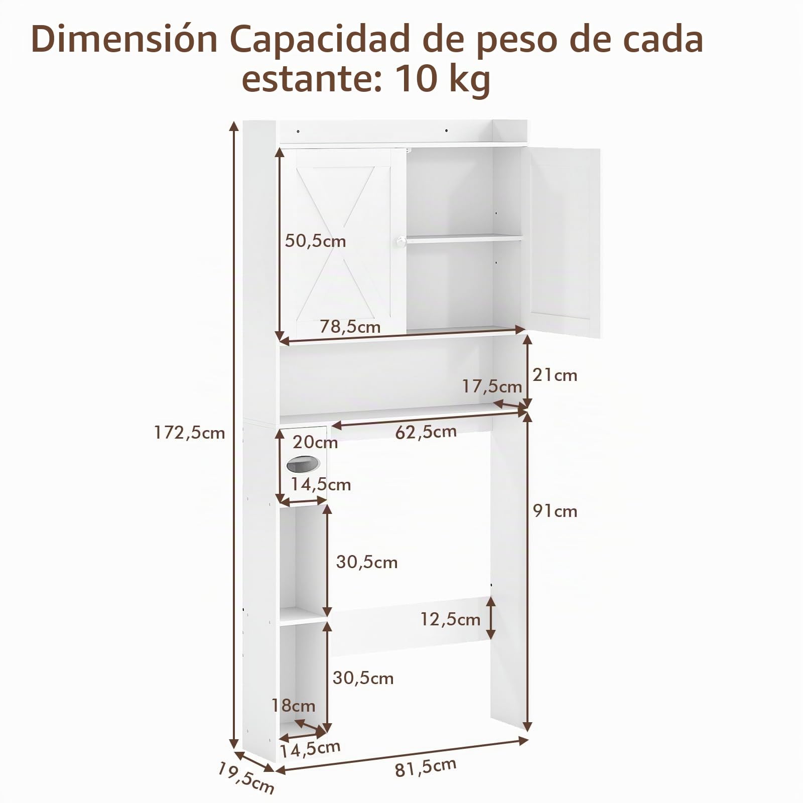 LIFEZEAL Estantería de baño para Ahorrar Espacio sobre Inodoro, Inodoro, Lavadora, Mueble con Barra Ajustable para adaptabilidad, Porta Papel higiénico, Puertas, estantes, Armario, Moderno (Blanco)