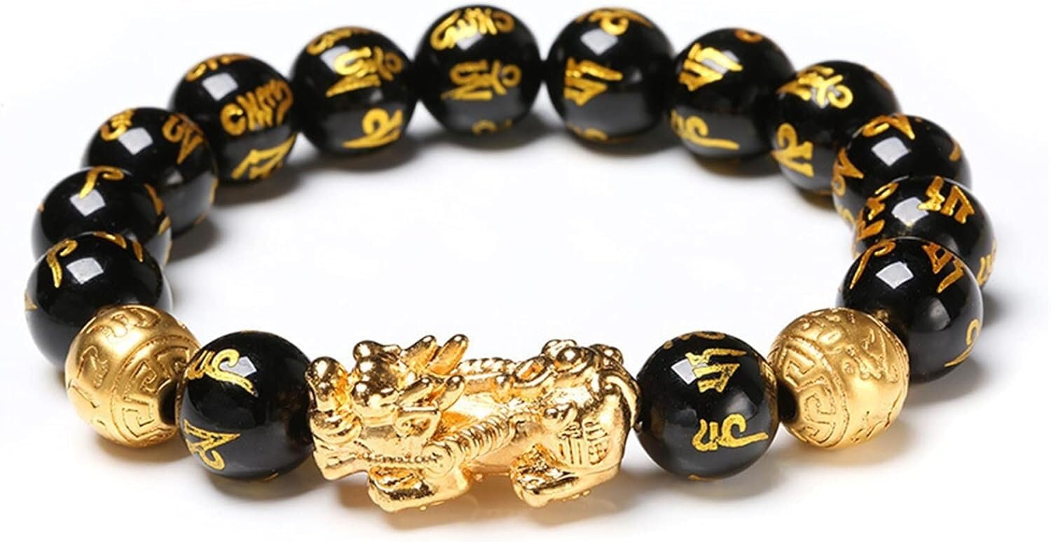 Nzpost Obsidian_10mm Black Obsidian Bracelet,Piyao Bucket Beads Bracelet Wealth Six Words Natural Black Obsidian Gemst