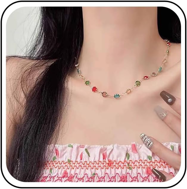 Bohemian Rainbow Crystal Choker Necklace Gold Cz Bead Necklace Colorful Rhinestone Chain Necklace Handmade Rainbow Bead Collar Necklace Jewelry for Women