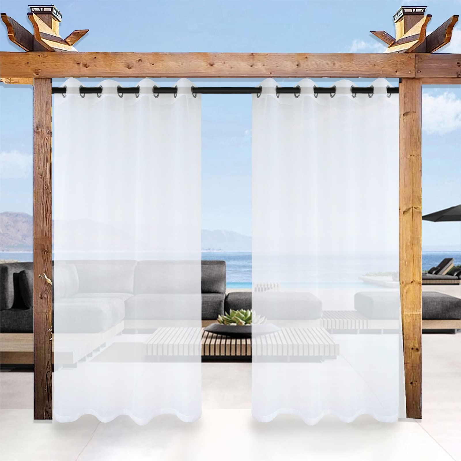 Cortinas transparentes impermeables para exteriores, 2 paneles (126 x 87 pulgadas), 320 x 220 cm (ancho x largo), cortinas de gasa para interiores y exteriores, para sala de estar, porche, pérgola,