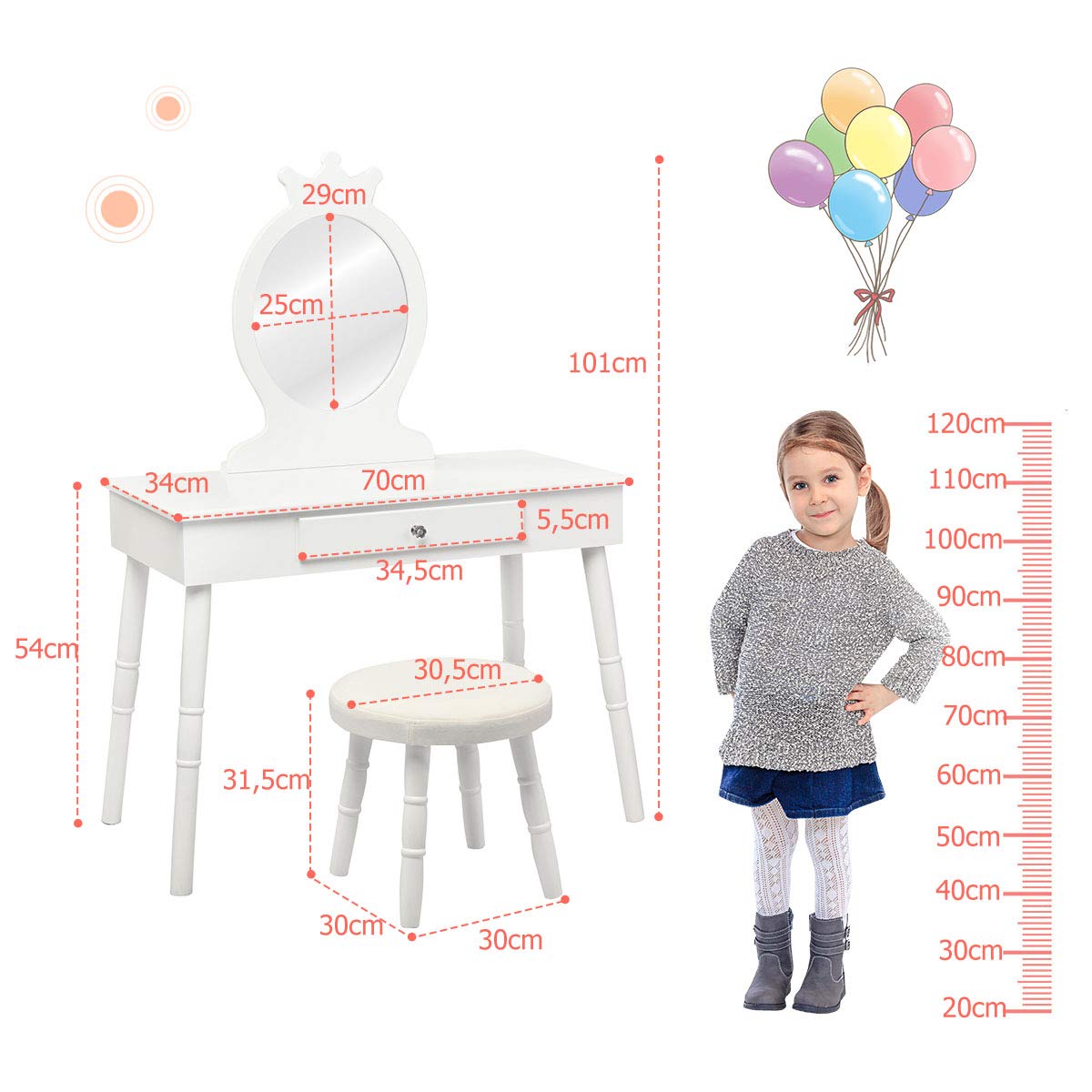 COSTWAY Coiffeuse avec Tabouret de Filles,Table de Maquillage pour Enfants, Style Princesse Européenne avec Tiroir et Miroir (Blanc)