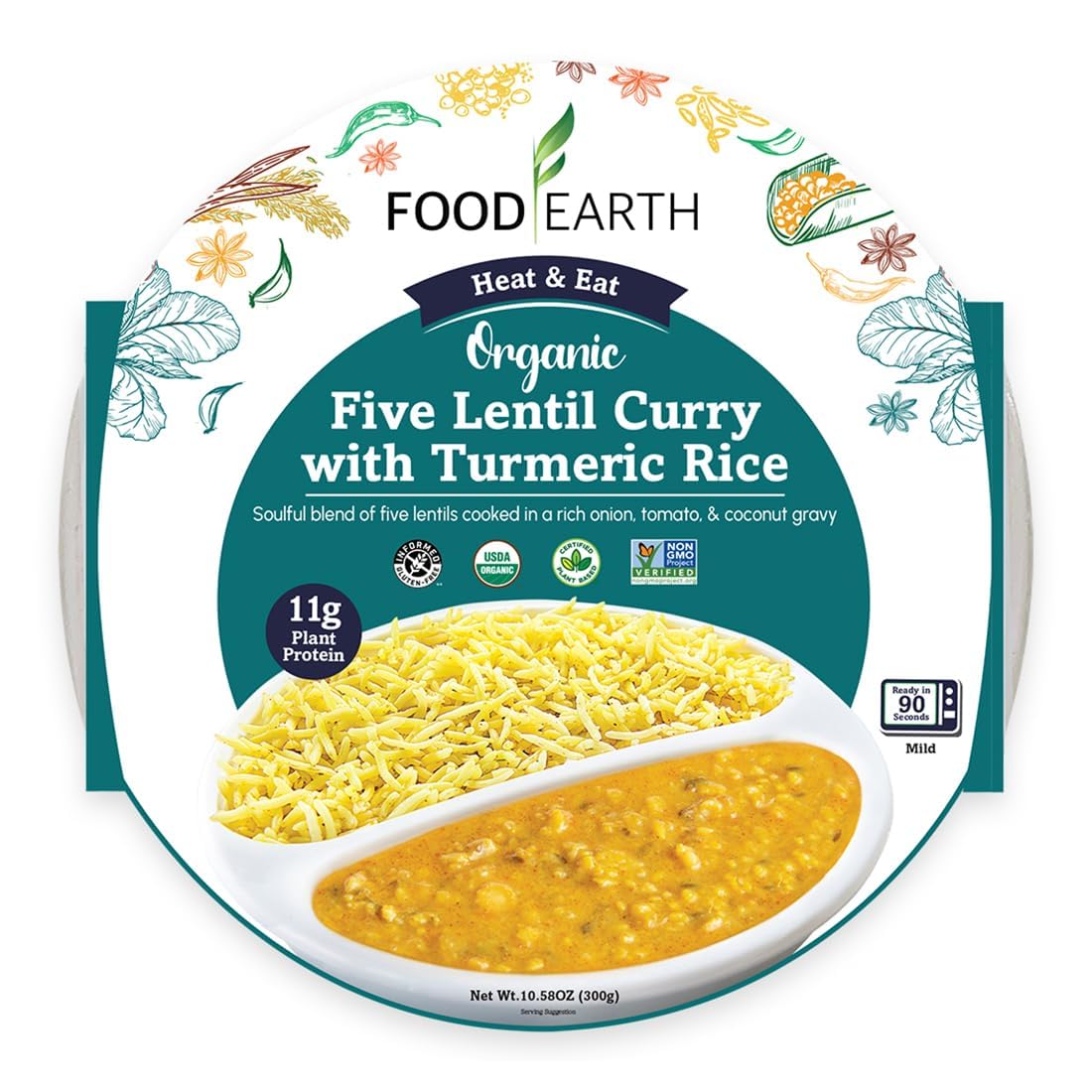 Food Earth Ready to Eat Indian Meal – Five Lentil Curry with Turmeric Rice – Organic, Vegan, Gluten-Free, GMO-Free, Plant-Based – Microwavable – 10.58 oz Each – Pack of 6