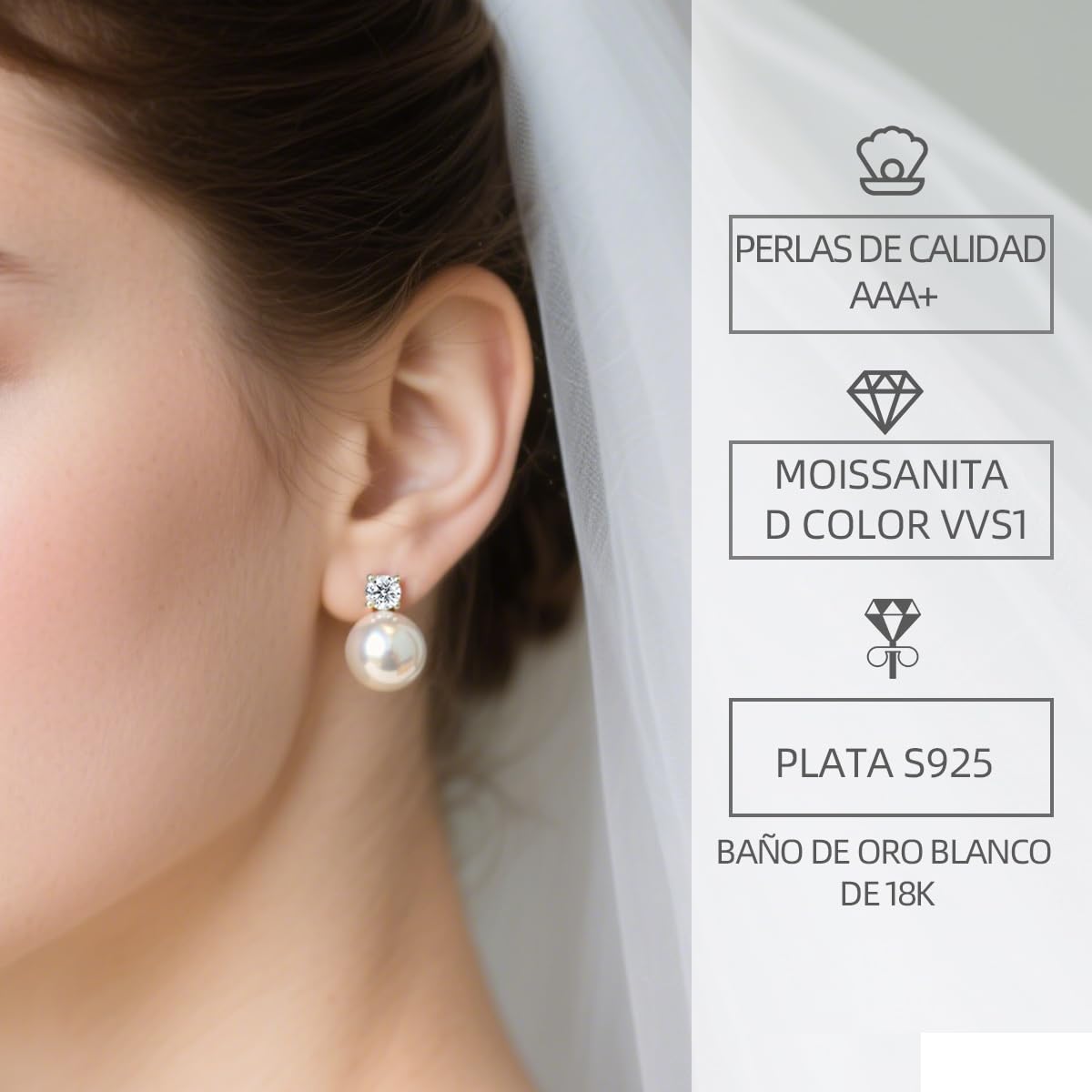 Pendientes de Moissanite con Perlas, Diamante de Laboratorio, Plata 925 Baño de Oro Blanco de 18K, Pendientes de Perlas de Agua Dulce, Regalo para Mujer.