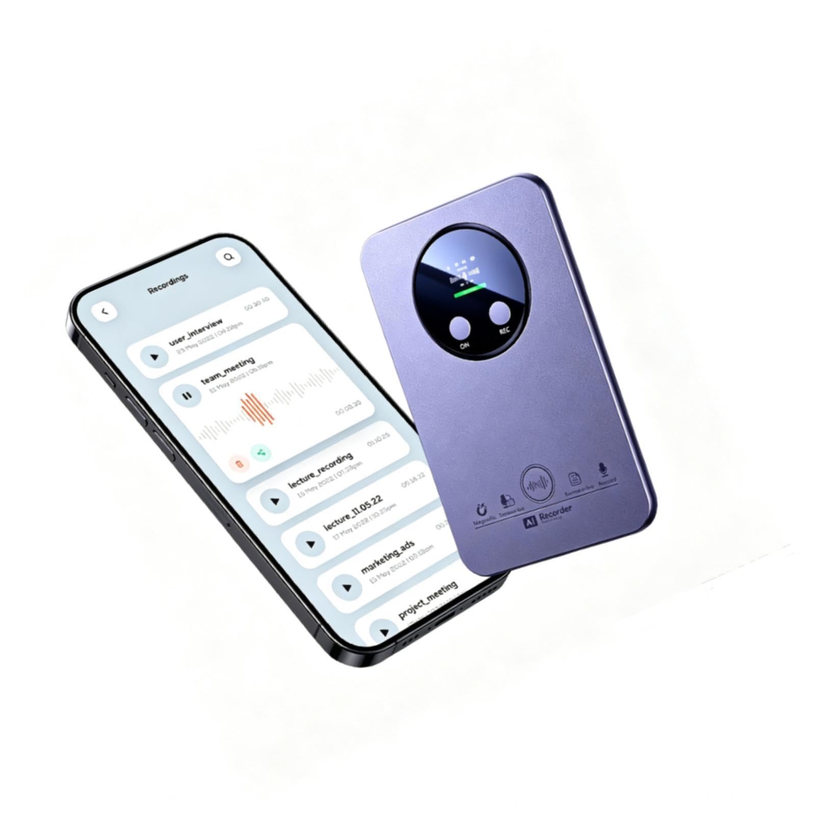 Magnétophone avec Intelligence Artificielle Transcription Vocale Automatique Enregistreur Vocal Numérique avec Stockage Interne 64go pour Réunions de, Bleu
