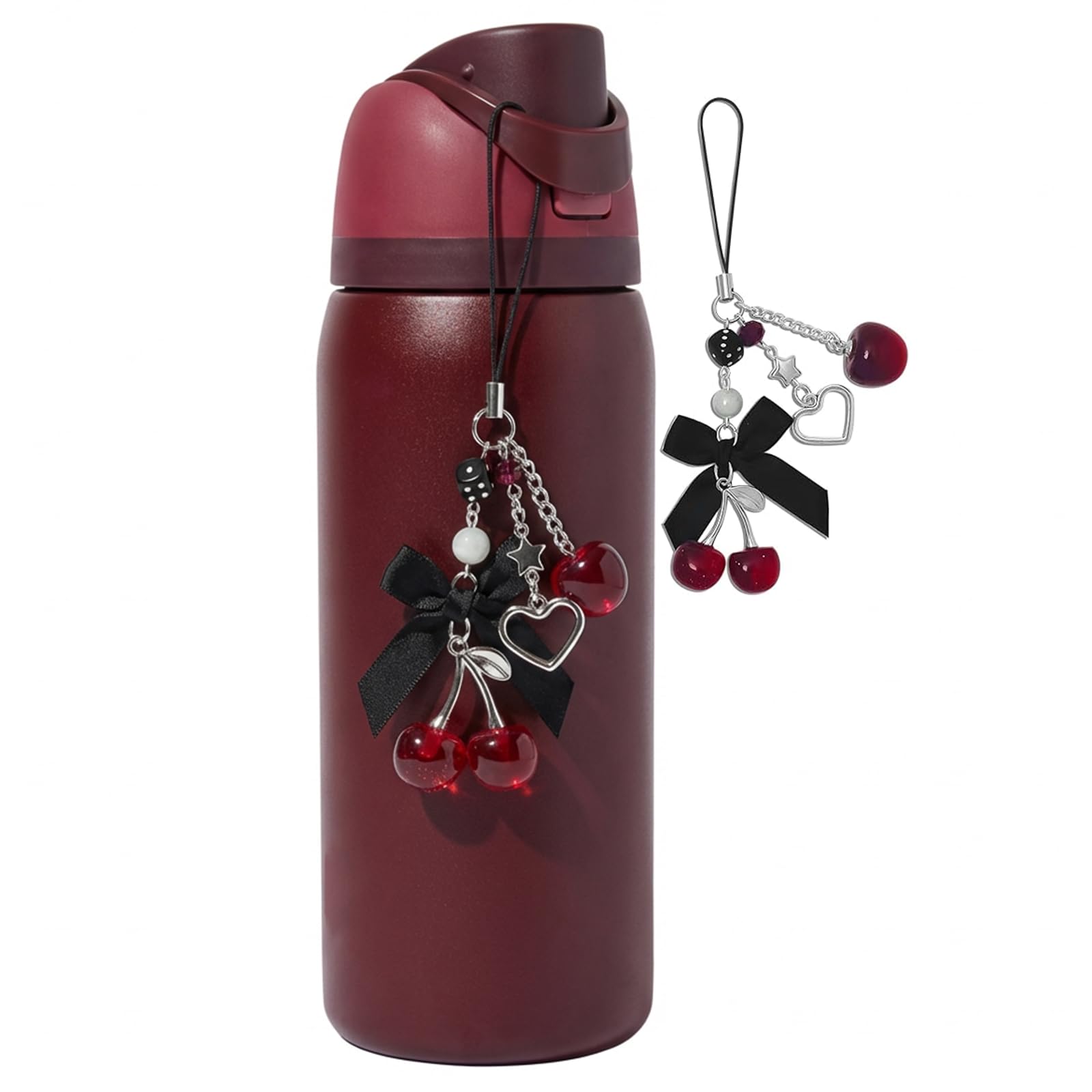 Black Cherry for Owala Water Bottle 16oz, 19oz, 24 oz, 32 oz, 40 oz, Black Red Cherry with Cute Cherries and Bow Pendant - Perfect Accessories for Owala Tumbler | for Owala FreeSip, Decor Gift