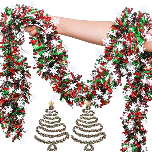 Onlvmyur 5 Pezzi Ghirlanda di Natale Artificiale Verde e Rosso Ghirlanda Natalizia Con Fiocchi di Neve 2 M Festone Natalizio per Decorazioni Albero di Natalizie
