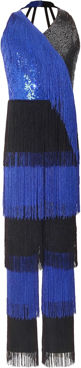 renvena Girls Hippie Star Dress-up Disco Performance Retro 1950s Costume Halter Neck Sleeveless Tassels Dancewear Royal Blue 16 Years