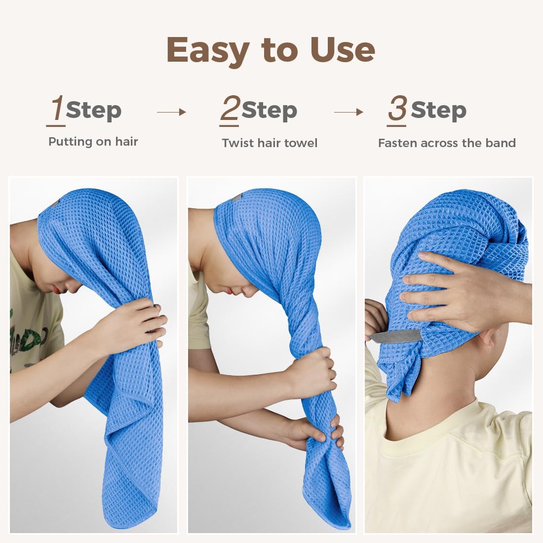 HOMEXCEL 2 Pack Large Microfiber Hair Towels Waffle Weave- 40 x 26.5 inches Fast Drying Turbans for Long, Thick, Curly Hair - Anti Frizz Wrap with Elastic Strap, Blue/Pink - Image 6