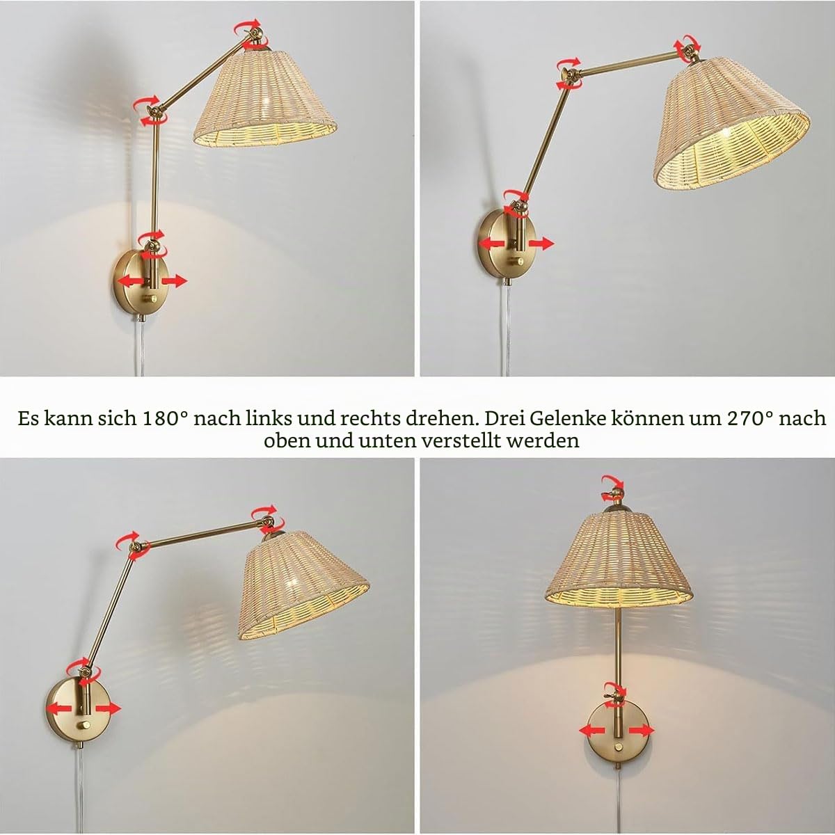 AoLa Vintage Rattan Wandleuchte Verstellbare, Innen E27 Wandlampe Dimmbar mit Schalter Gold Schwenkarm Wandleuchten mit Kabel und Stecker Retro Industrial Wand Leselampe für Schlafzimmer Büro,1 Stück