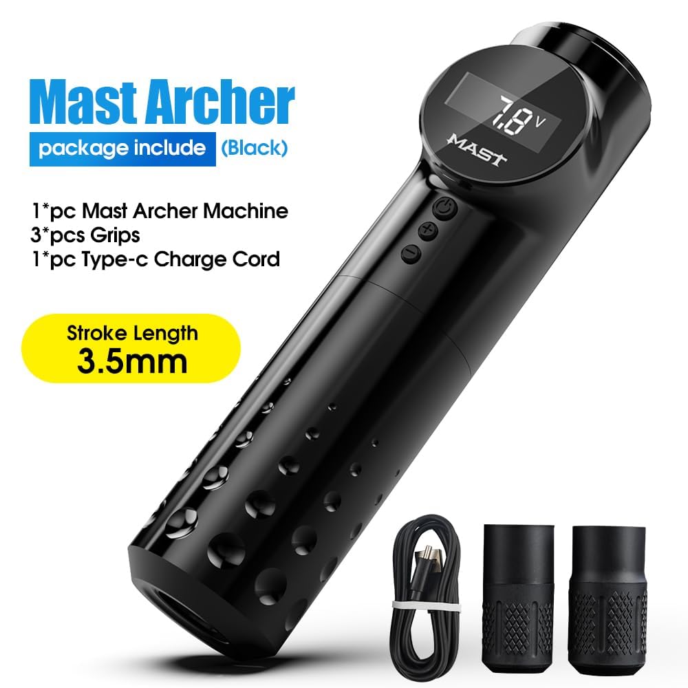 Mast Archer Tattoo Maschine Set Drahtlose Tätowiermaschine Rotary Tattoo Gun mit 2 Griffen, 20 Tattoo-Tattoo Nadeln für Tattoo Studio Kunst