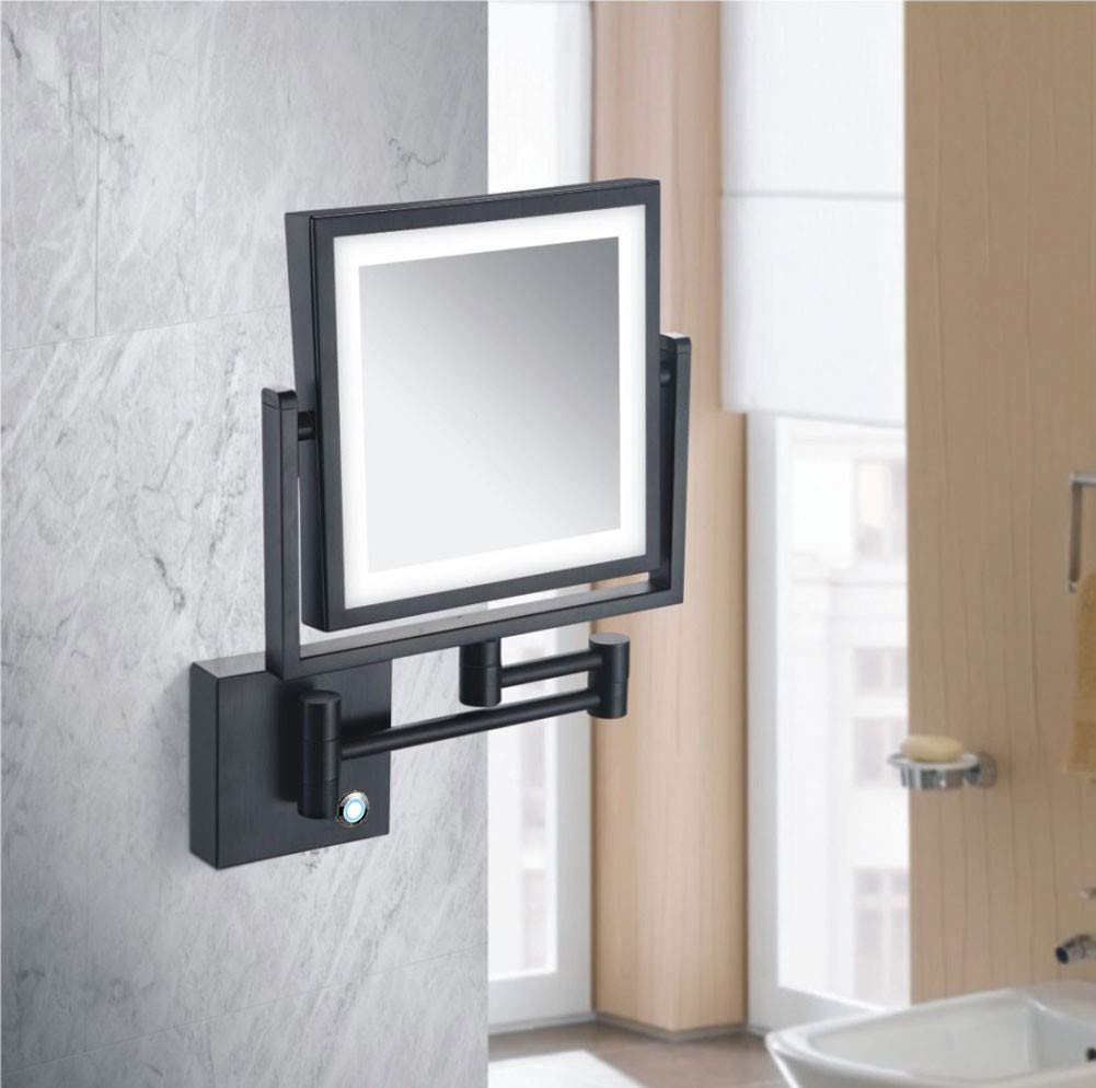 WYCSAD Espejo de Maquillaje con luz LED de Montaje en Pared Cuadrado, Espejo cosmético de Aumento 3X Espejo de tocador de Dos Caras Giratorio de 360 ​​° Extensible para baño, Enchufe del Reino Unido