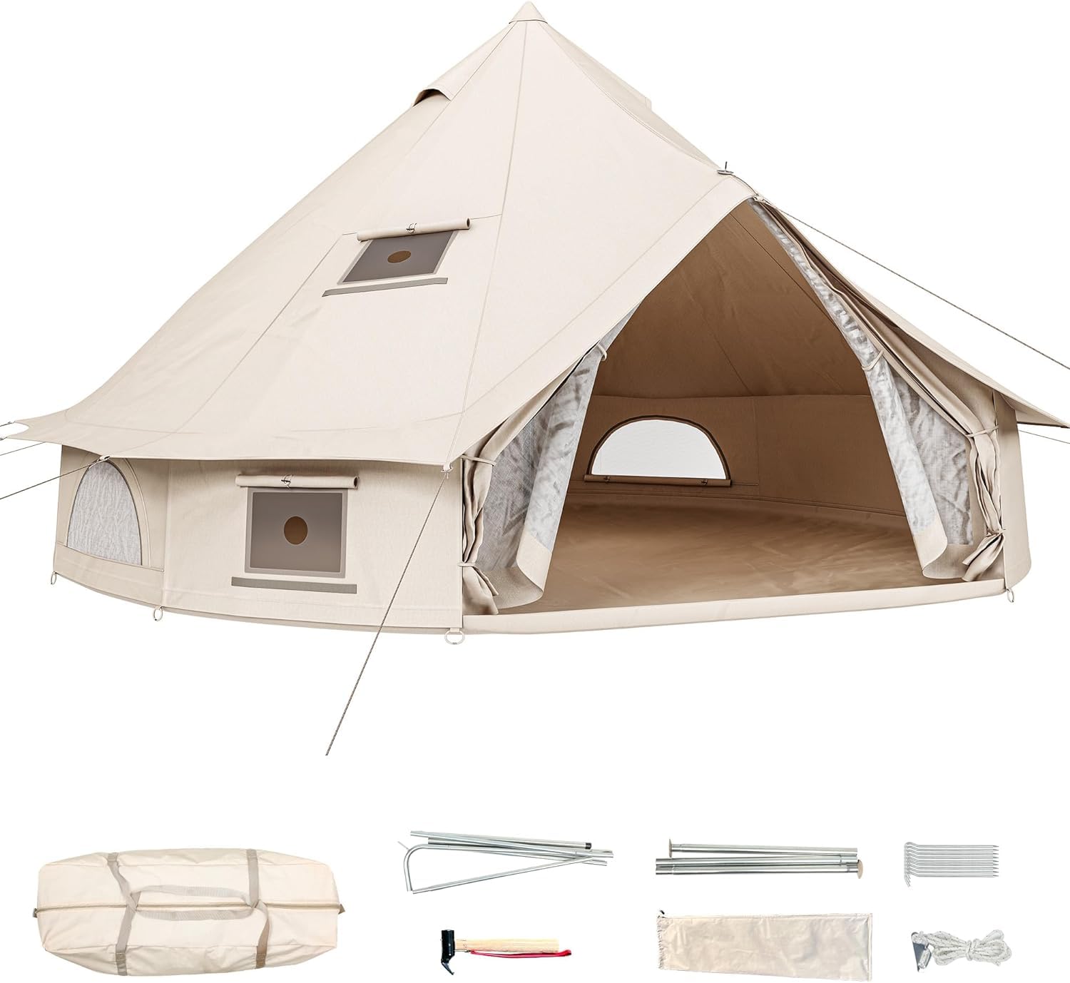 YITAHOME Canvas Tent Bell Tent Yurt Tent 4 Season Waterproof Glamping Tents w/Stove Jack for Family Camping Outdoor Hunting Party 13/16.4/20FT