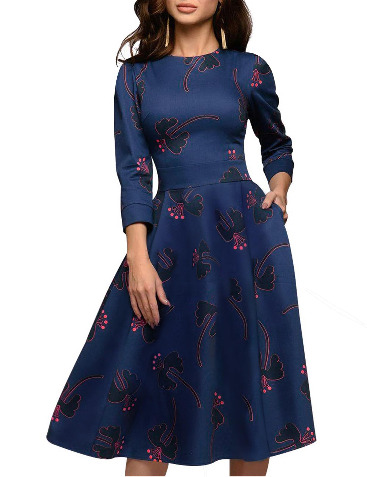 Women's Floral Vintage Dress Elegant Midi Evening Dress 3/4 Sleeves