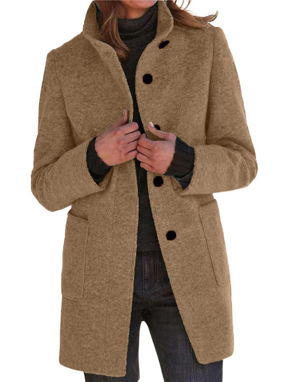 chartou Women Winter Long Pea Coat Wool Blend Stand Collar Single Breast Thicken Blazer Jacket-picture-6