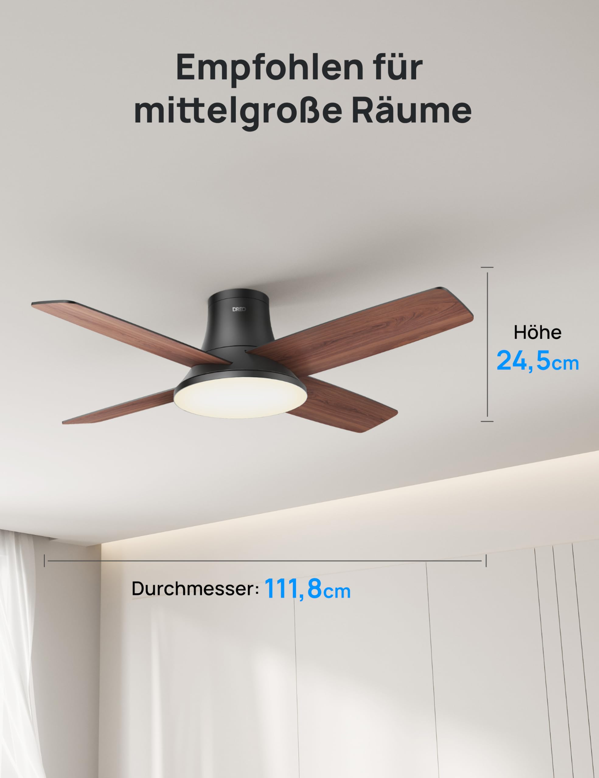 DREO Deckenventilator mit Licht bietet zwölf Geschwindigkeiten, drei Modi und einen leisen Gleichstrommotor. Einfache Montage, dimmbares LED, Fernbedienung und 12-Stunden-Timer in Schwarz