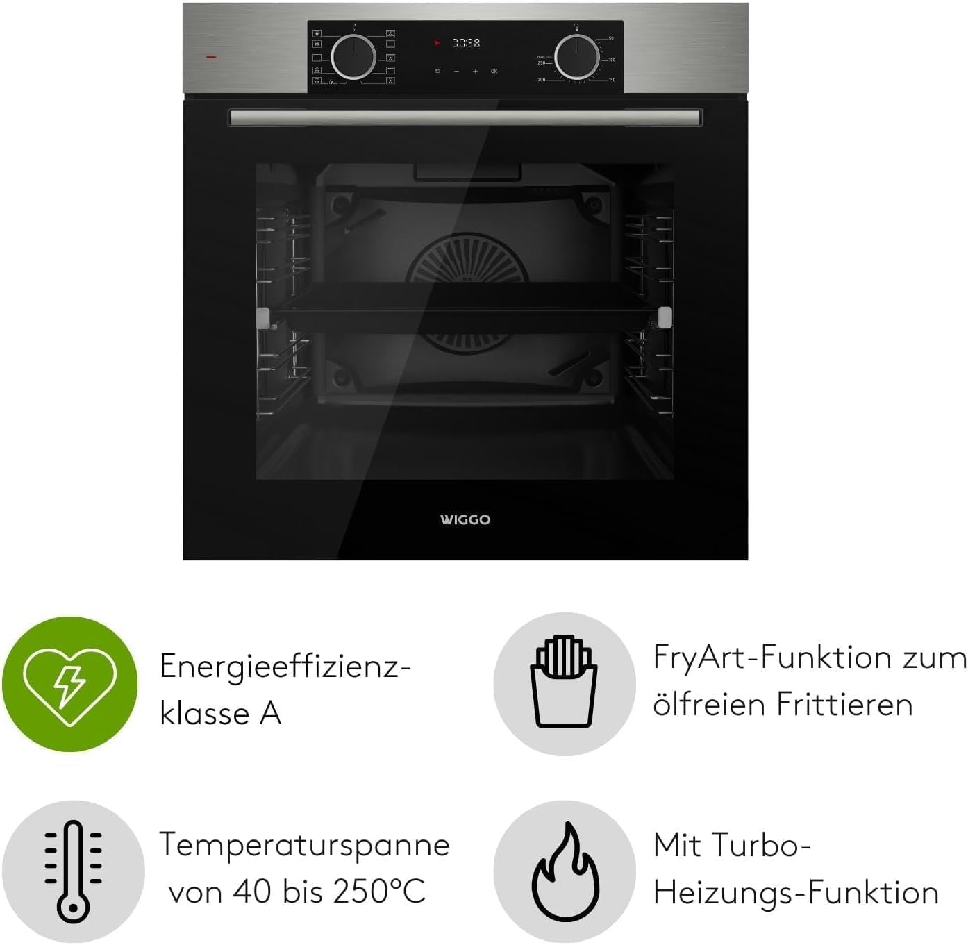 [ Test SEHR GUT, Note 1.1 *] WIGGO Backofen Set Inox 60cm 73L mit Teleskopschienen & Airfry, Selbstreinigung, 10 Funktionen, Soft-Close, Einbaugerät Einbaubackofen [5 Jahre Garantie, Klasse A]