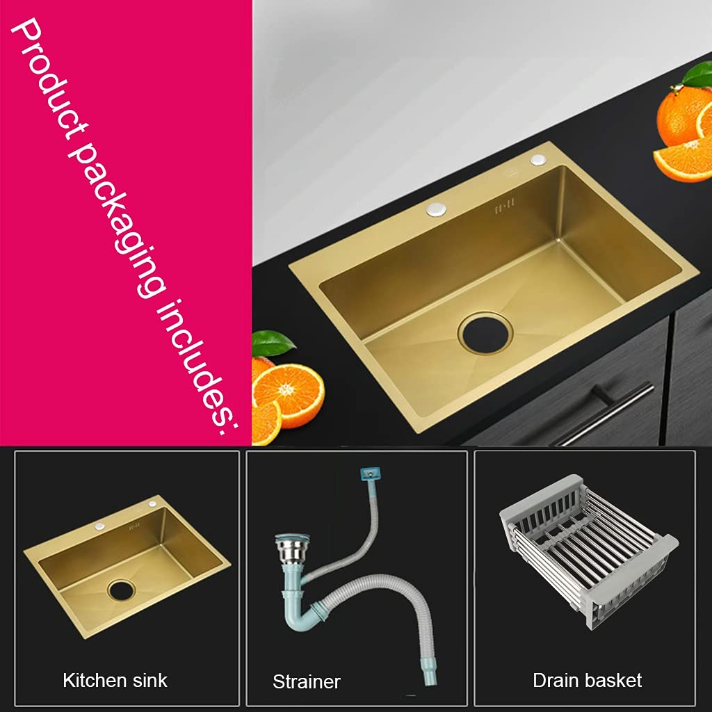Lavello da Cucina in Acciaio Inox 304 a Una Vasca con Scarico e cestello sottotop o a Incasso Finitura Oro 45x40x21 cm Resistente ed Elegante Facile da installare
