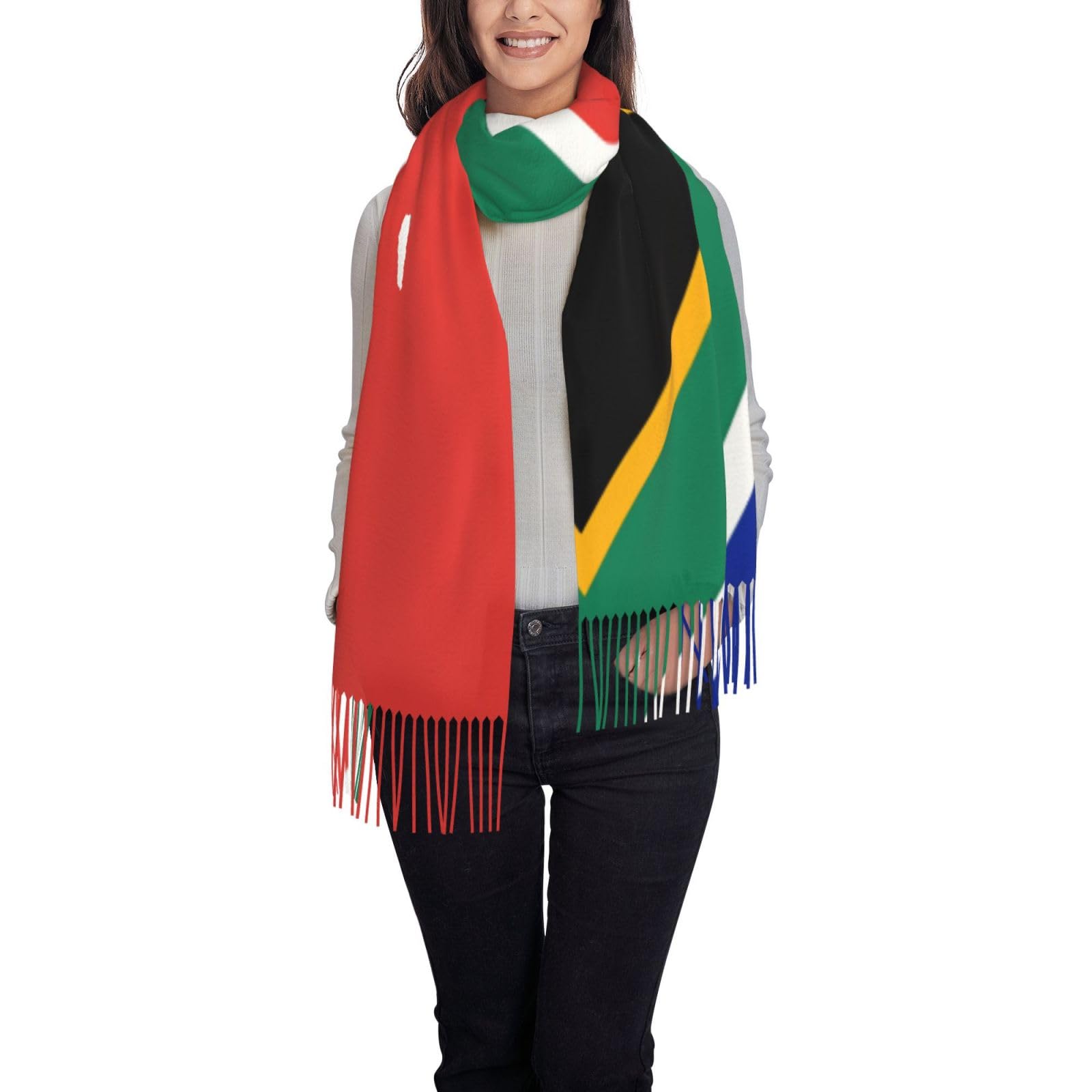QAZWZML Women's long tassel scarf, South Africa flag printed tassel shawl, warm and suitable for weddings, travel, parties, etc.